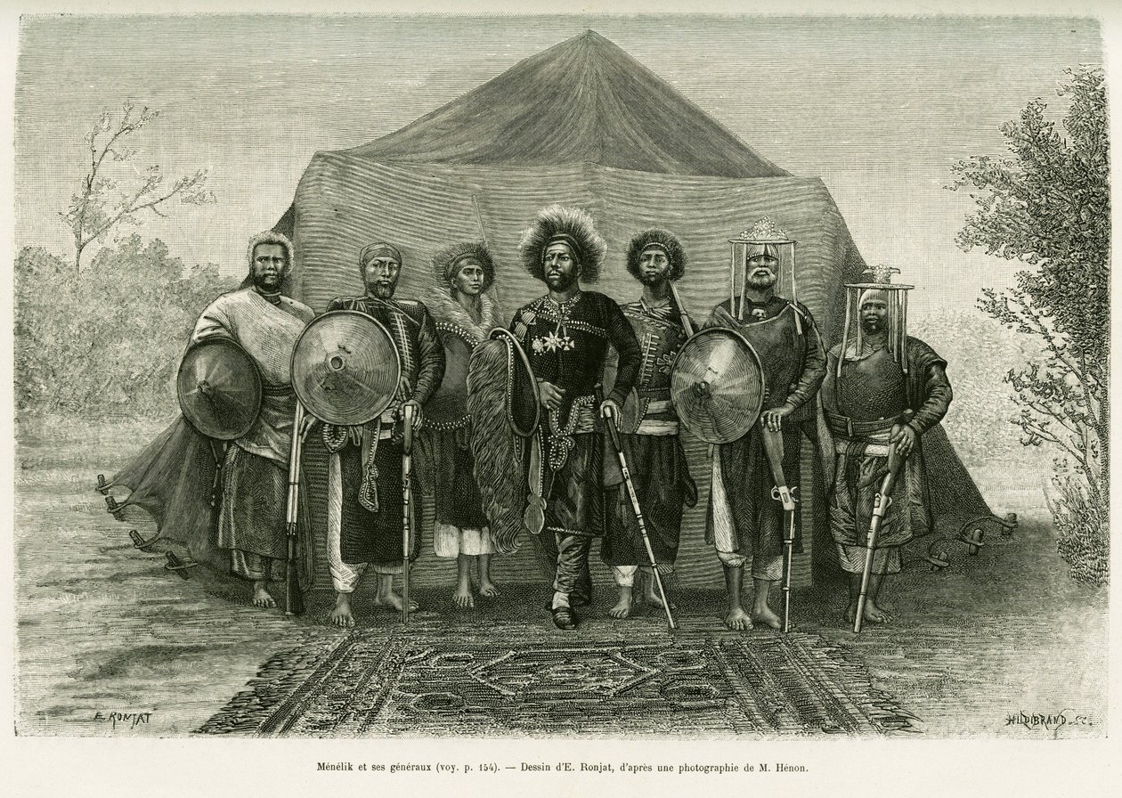 Muotokuva Etiopian prinssi Menelik II:sta (1844-1913), kenraalistensa ympäröimänä. Ronjatin kaiverrus valokuvan jälkeen havainnollistamaan tarinaa Voyage au Choa (Abyssinie meridionale) tekijältä Etienne Antoine Eugene Ronjat