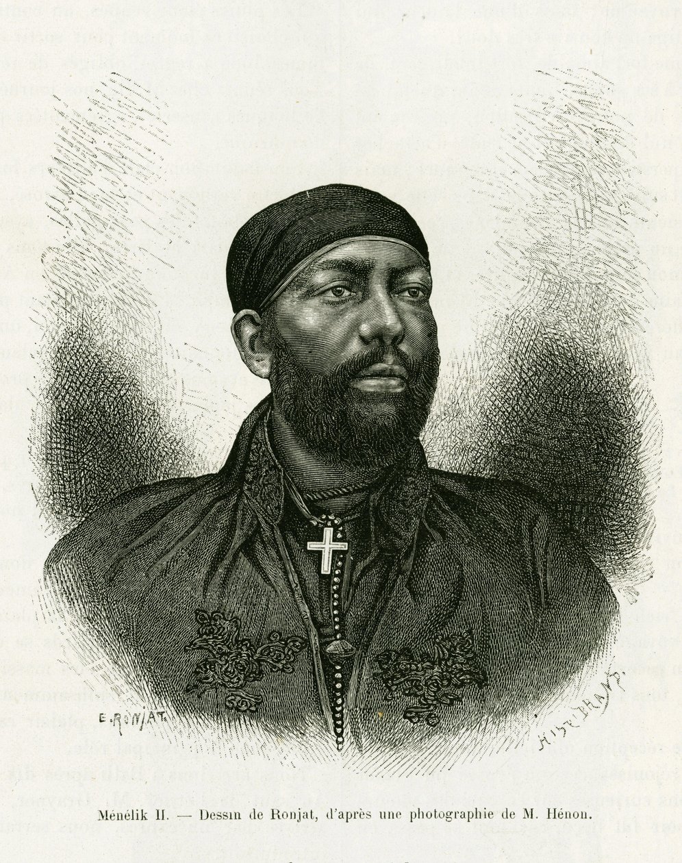 Muotokuva Etiopian prinssi Menelik II:sta (1844-1913). Ronjatin kaiverrus valokuvan jälkeen havainnollistamaan tarinaa Voyage au Choa (Abyssinie meridionale) tekijältä Etienne Antoine Eugene Ronjat