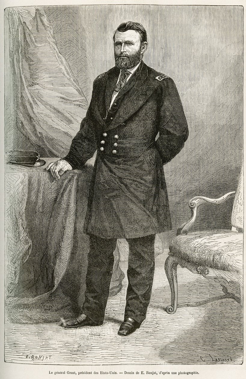 Muotokuva Ulysses Grantista (1822-1885), amerikkalaisesta kenraalista, unionin joukkojen johtajasta eroamissodan aikana ja Yhdysvaltain (Yhdysvallat) 18. presidentistä kahdella toimikaudella 1869-1877. Kaiverrus E.Ronjatin piirustuksen jälkeen havainnollis tekijältä Etienne Antoine Eugene Ronjat
