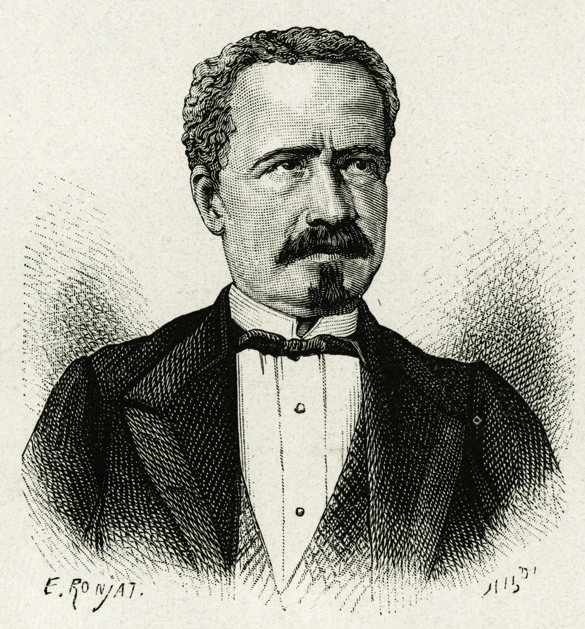 Ecuadorin presidentin Don Antonio Borreron muotokuva vuosina 1875–1876. E.Ronjatin kaiverrus valokuvan jälkeen havainnollistamaan tarinaa "The Equinoxiale America" tekijältä Etienne Antoine Eugene Ronjat