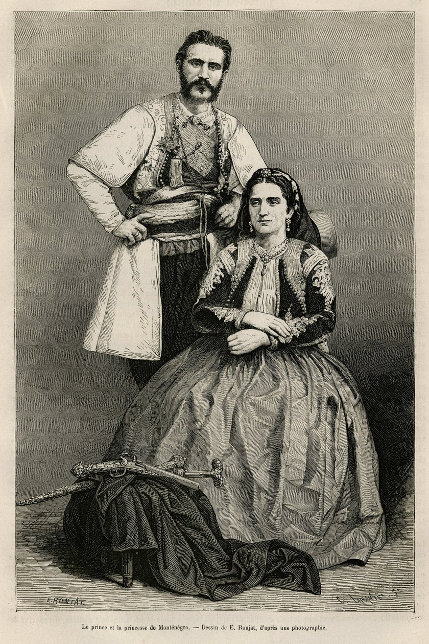 Montenegron prinssi Nikolai I Petrovicz Niegosch (1841-1921) ja hänen vaimonsa Milena, s. Voukovich (1847-1923), E.Ronjatin piirustukset havainnollistamaan Charles Yriarten (1832) matkaa Montenegroon vuonna 1874 -1898). Kaiverrus Le tour du tekijältä Etienne Antoine Eugene Ronjat