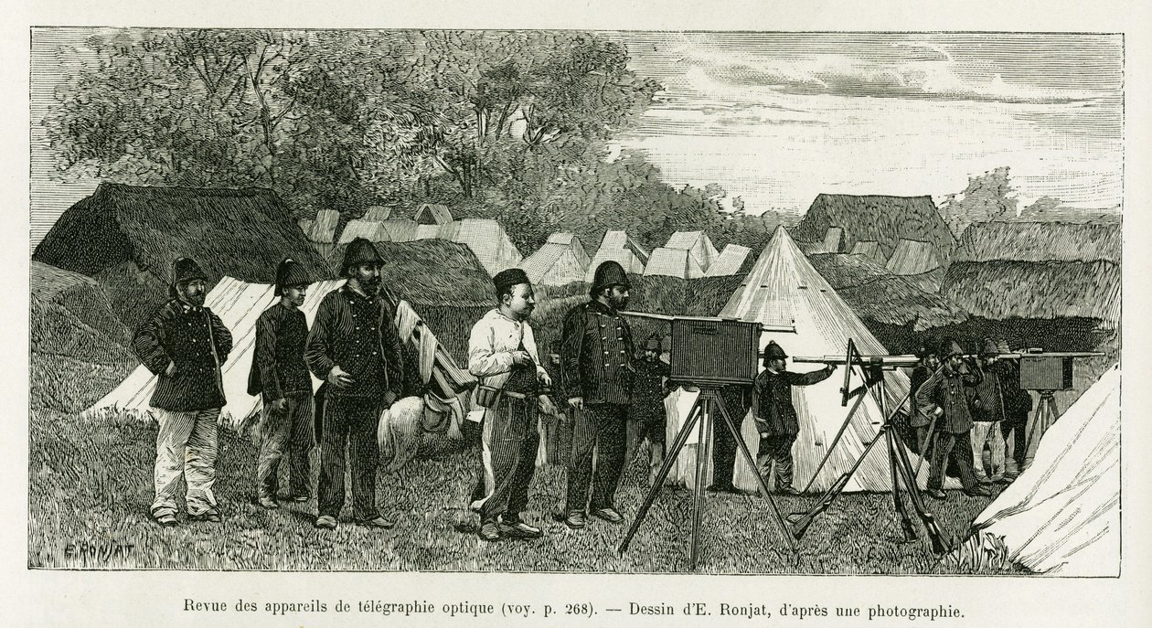 Optisten lennätinlaitteiden katsaus. E.Ronjatin kaiverrus havainnollistamaan tarinaa Trente mois au Tonkin, vuonna 1884, tohtori Paul Hocquard, in le tour du monde 1890, Edouard Chartonin (1807-1890) johdolla, Hachette, Pariisi. tekijältä Etienne Antoine Eugene Ronjat