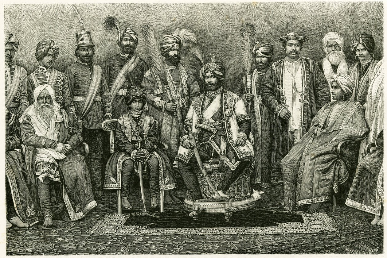 Kashmirin maharajah, Rambhir Sing ja hänen hovinsa. E. Ronjatin kaiverrus havainnollistamaan Marie de Ujfalvy-Bourdonin (Ujfalvy Bourdon) tarinaa "Pariisilaisen naisen muotokuva Länsi-Himalajalla", vuonna 1881. Julkaistu Tour du mondessa, 2. lukukausi tekijältä Etienne Antoine Eugene Ronjat