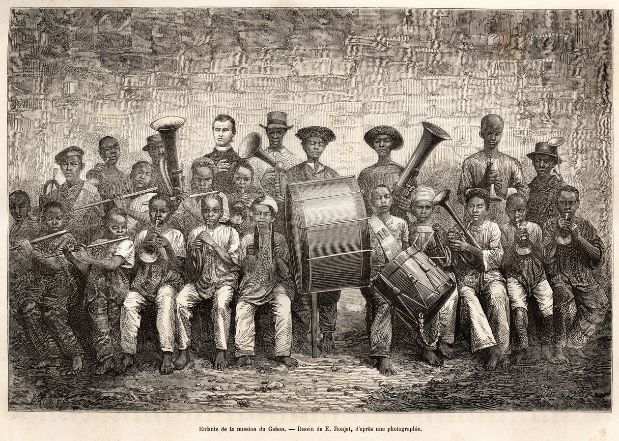 Gabonin lähetystyön lasten joukko. Kaiverrus E.Ronjatin piirustuksen jälkeen havainnollistamaan risteilyä Afrikan rannikolla, vara-amiraali Fleuriot de Langle, vuonna 1868, julkaistu "" Le tour du monde"" 1876, toimittanut Edouard Charton, Hachet tekijältä Etienne Antoine Eugene Ronjat