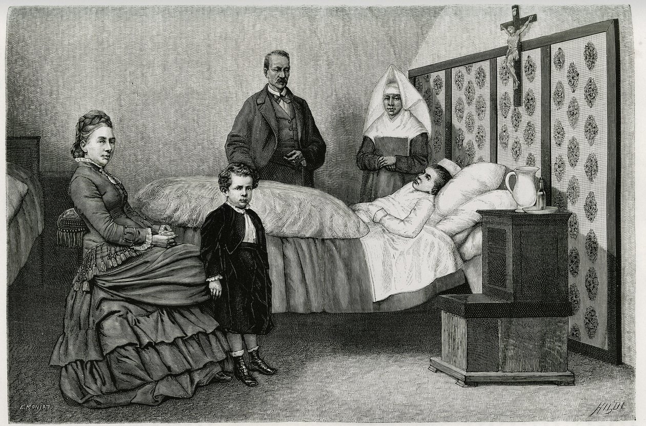 Lääkärin konsultaatio Logelbachin sairaalassa. Kaiverrus E.Ronjat, havainnollistamaan tarinaa "Through Alsace and Lorraine", vuonna 1884, Charles Grad (1842-1890), saksalainen deputer, kirjailija ja luonnontieteilijä. Julkaistu Le Tour du monde, nouveau jo tekijältä Etienne Antoine Eugene Ronjat