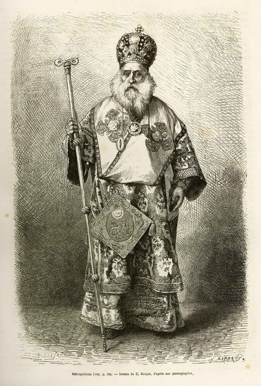 Uuden Ateenan katedraalin suurkaupunki-ilta. Kaiverrus E.Ronjatin piirustuksen jälkeen havainnollistamaan matkaa Kreikkaan, Henri Belle, 1861-1868-1874, julkaistu "" Le tour du monde""" 1876, toimittanut Edouard Charton, Hachette-painos, tekijältä Etienne Antoine Eugene Ronjat