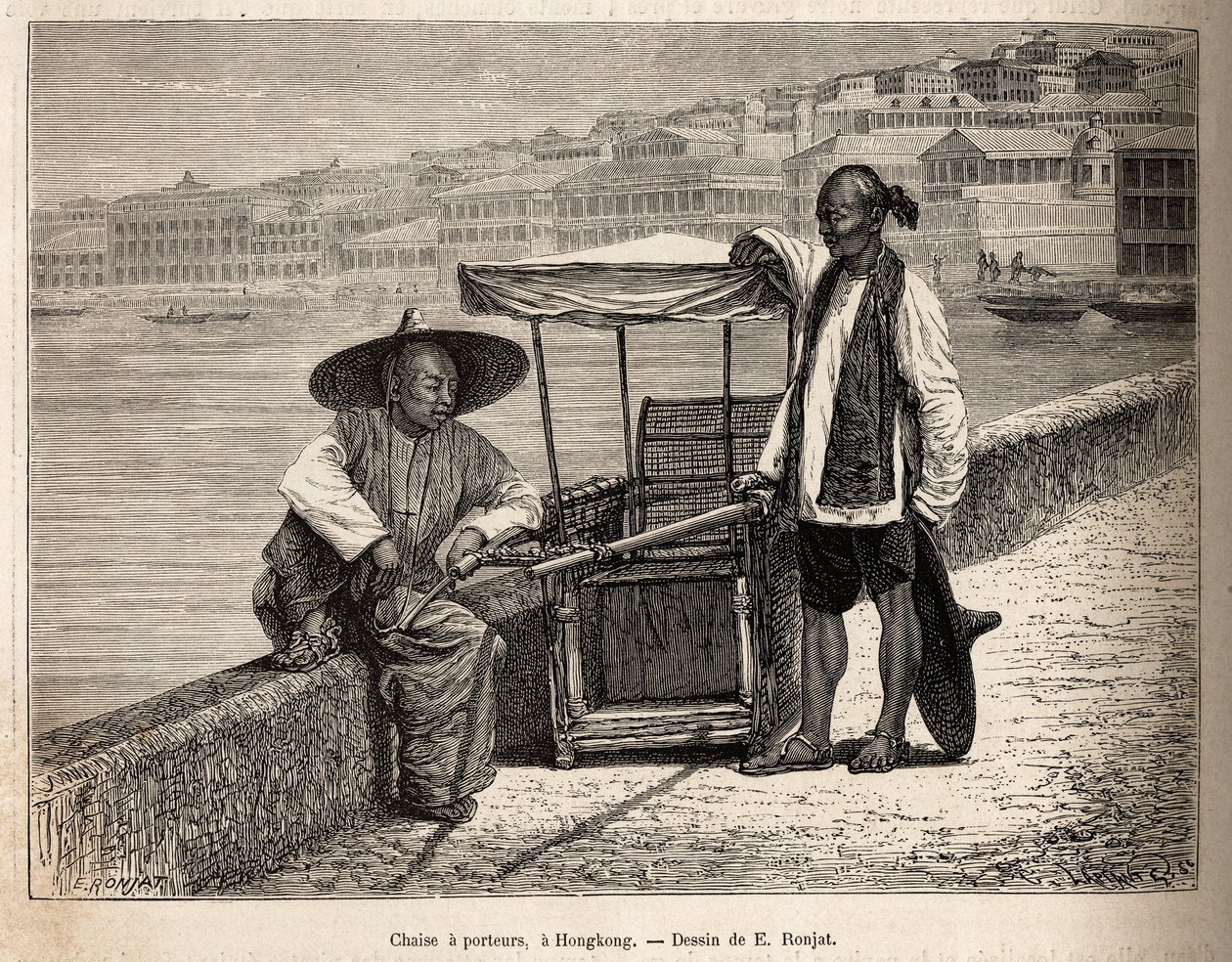 Kaksi kantajaa lepäämässä pyörätuolinsa vieressä Hongkongissa, kaiverrus E. Ronjatin piirustuksen jälkeen, joka havainnollistaa matkaa Kiinaan, J. Thompson, 1870-1872, julkaistu "" Le tour du monde""" 1875, toimittanut Edouard Charton, Hachette-painos, Par tekijältä Etienne Antoine Eugene Ronjat