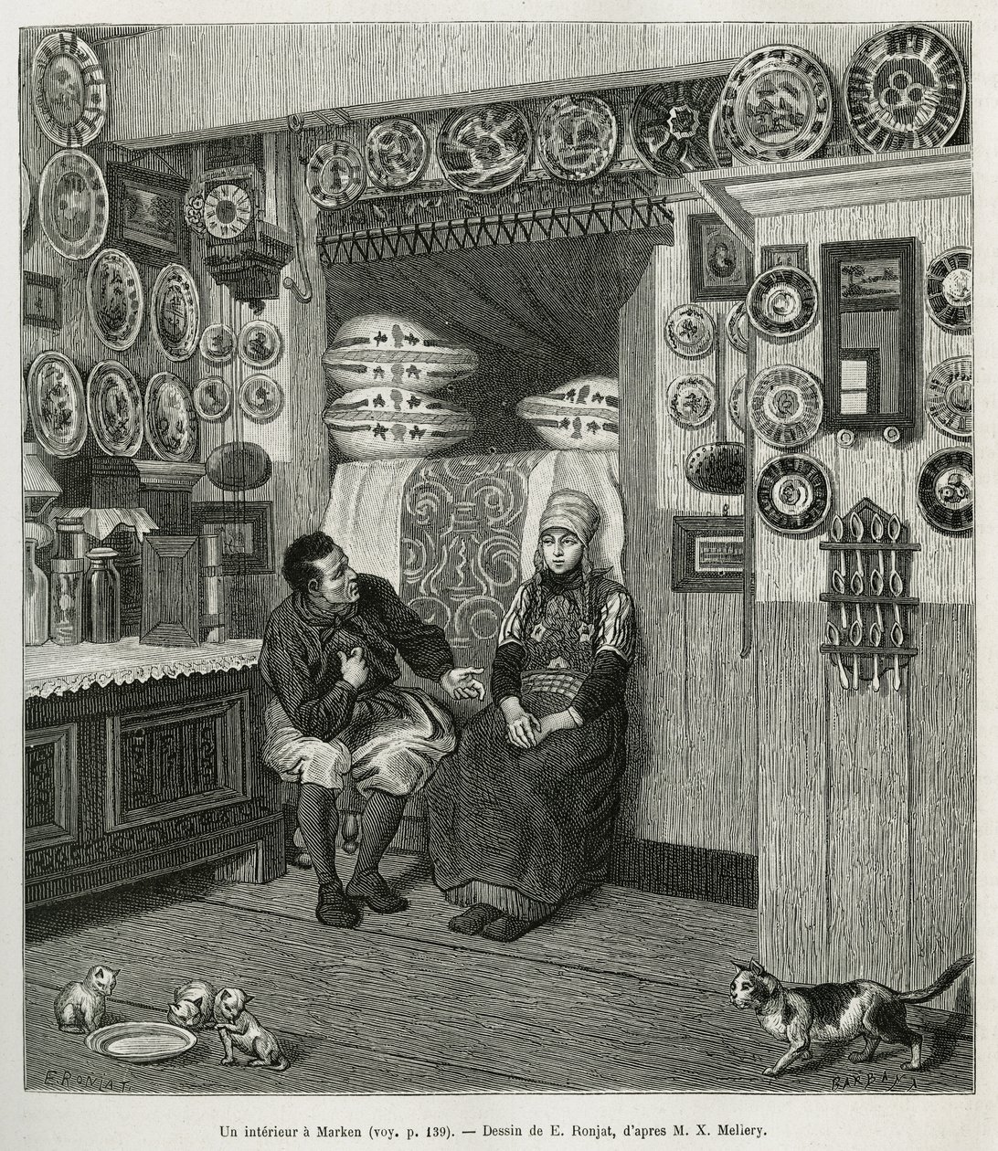 Un interieur à Marken (Pays Bas), kaiverrus E.Ronjatin piirustuksen mukaan havainnollistamaan Neerlanden tarinaa, Charles de Coster, vuonna 1878, julkaistu tour du monde -lehdessä Edouard Chartonin johdolla. tekijältä Etienne Antoine Eugene Ronjat