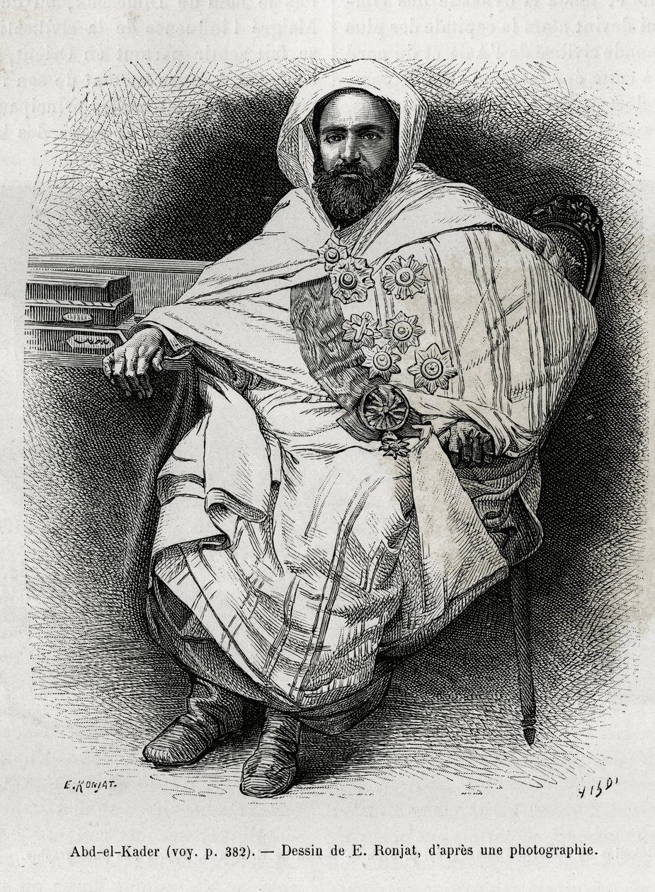 muotokuva Abd El Kaderista (1808-1883), Algerian emiiri ja sulttaani, sufi-teologi, poliitikko ja sotilaallinen vastarinta Ranskan siirtomaa-armeijalle, myös kirjailija, runoilija ja filosofi. Kaiverrus E.Ronjat, havainnollistamaan tarinaa La Syria d