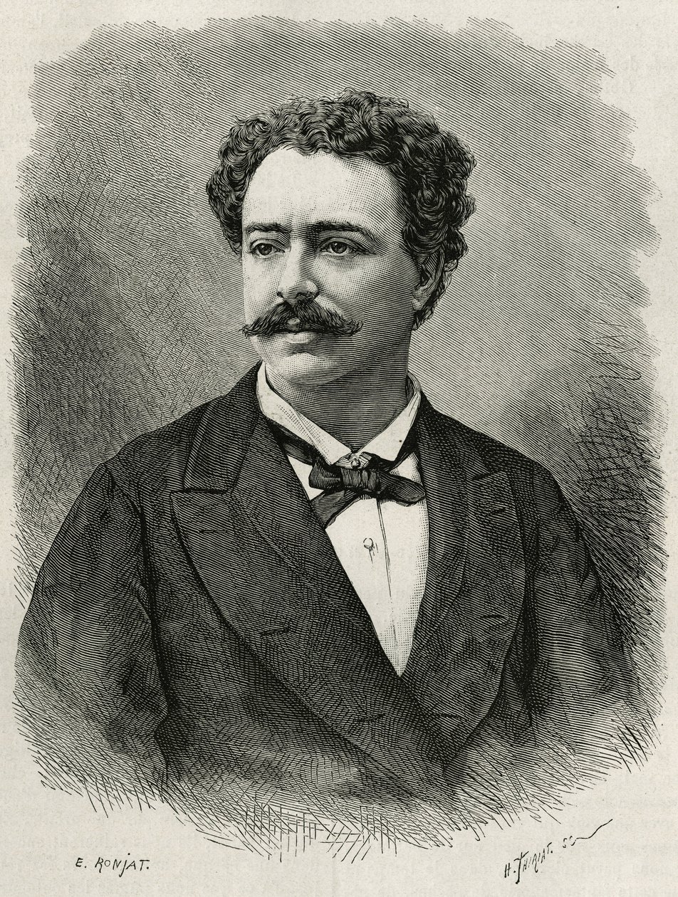 muotokuva kirjailijasta ja matkailijasta Edmondo de Amicis (1846-1908), italialainen kirjailija, E.Ronjatin kaiverrus Edmondo de Amicisin Marokon tarinan havainnollistamiseksi vuonna 1875, julkaistu tour du monde -lehdessä Edouardin johdolla Charton tekijältä Etienne Antoine Eugene Ronjat