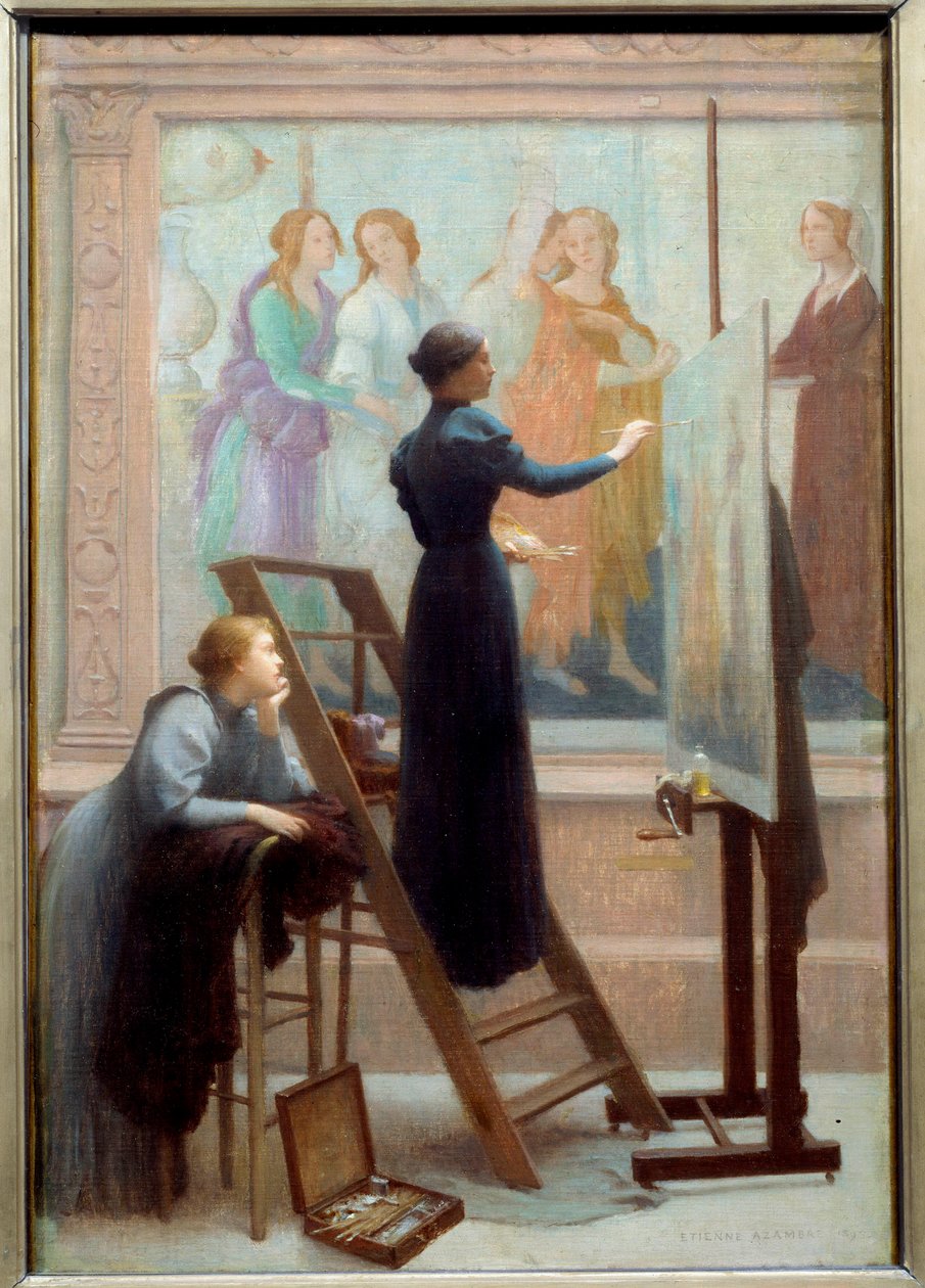 Au Louvre (kaksi naista kopioimassa Botticellin freskoa) Etienne Azambren maalaus (1859-1933) 1894 Su. 0,61x0,41 m Huomio! Tämän teoksen käyttö saattaa edellyttää kolmannen osapuolen lupapyyntöä tai lisämaksuja tekijältä Etienne Azambre