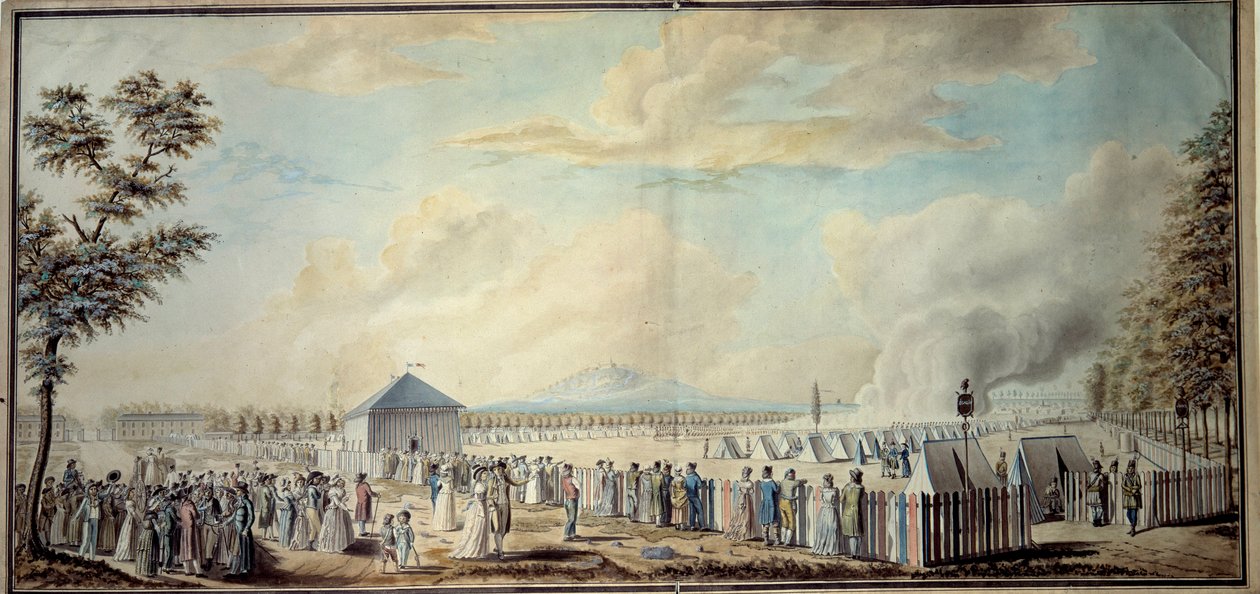 Ranskan vallankumous: "" Tasavallan armeijan tulevien johtajien Marsin koulun sotilasleiri"" Etienne Bericourtin akvarelli (1700-luku) 1794 Paris, B.N. tekijältä Etienne Bericourt