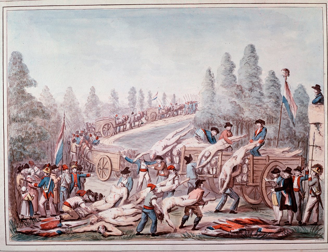 Ruumiiden kuljettaminen vallankumouksen aikana (akvarelli, noin 1790) tekijältä Etienne Bericourt