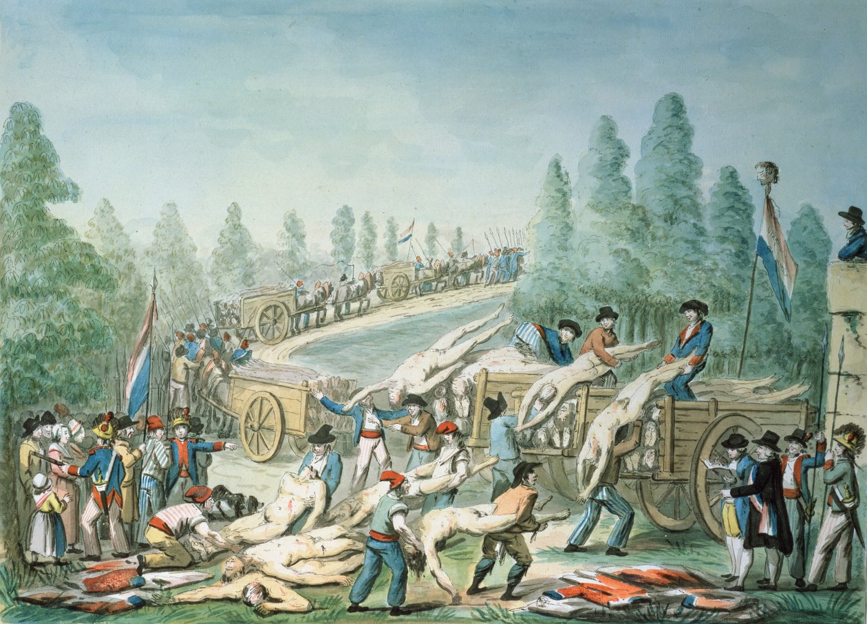 Ruumiiden kuljettaminen vallankumouksen aikana, n. 1790 (kynä, muste ja guassi paperille) tekijältä Etienne Bericourt