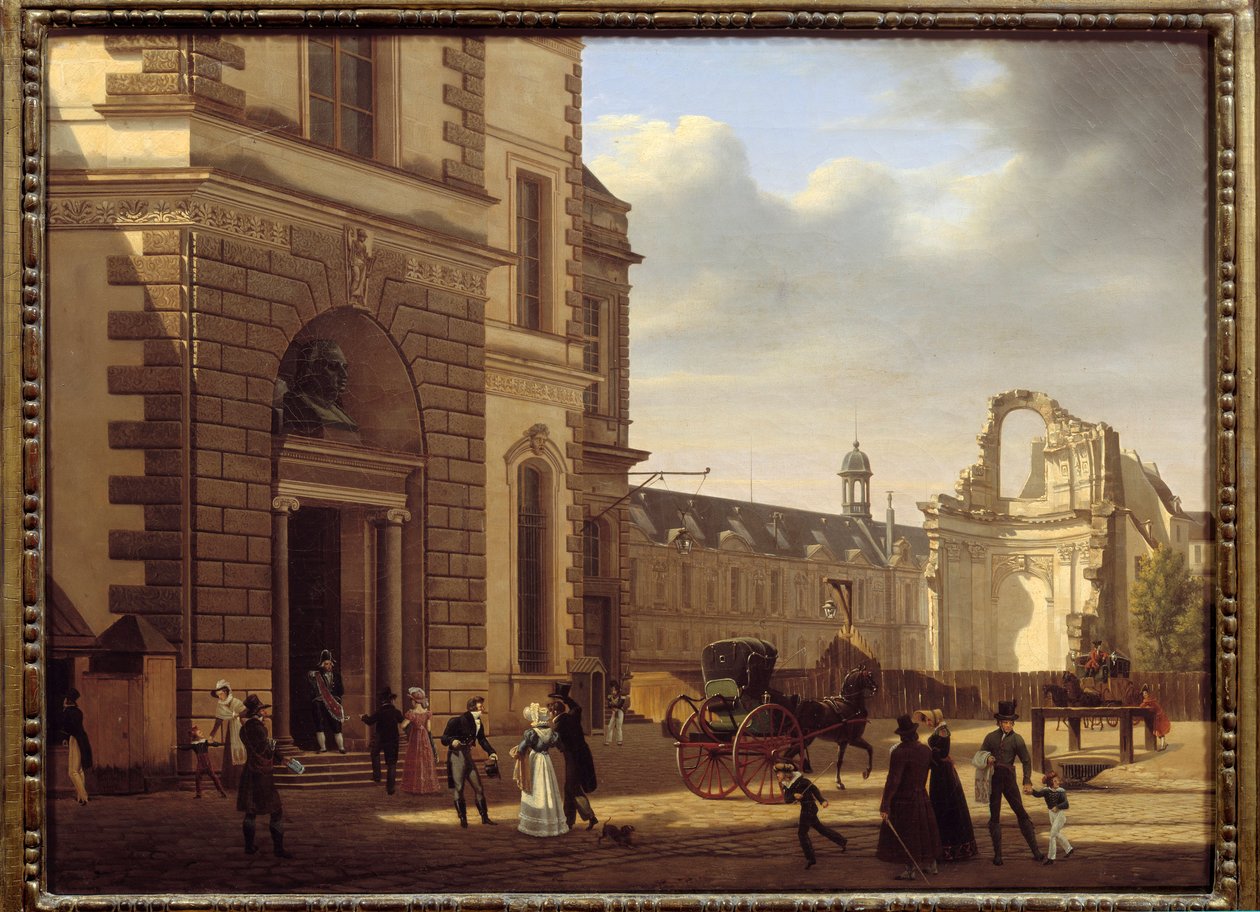 Louvren museon sisäänkäynti ja Saint Louis du Louvren rauniot. Näkymä Pariisiin. Etienne Bouhotin (1780-1862) maalaus tekijältä Etienne Bouhot