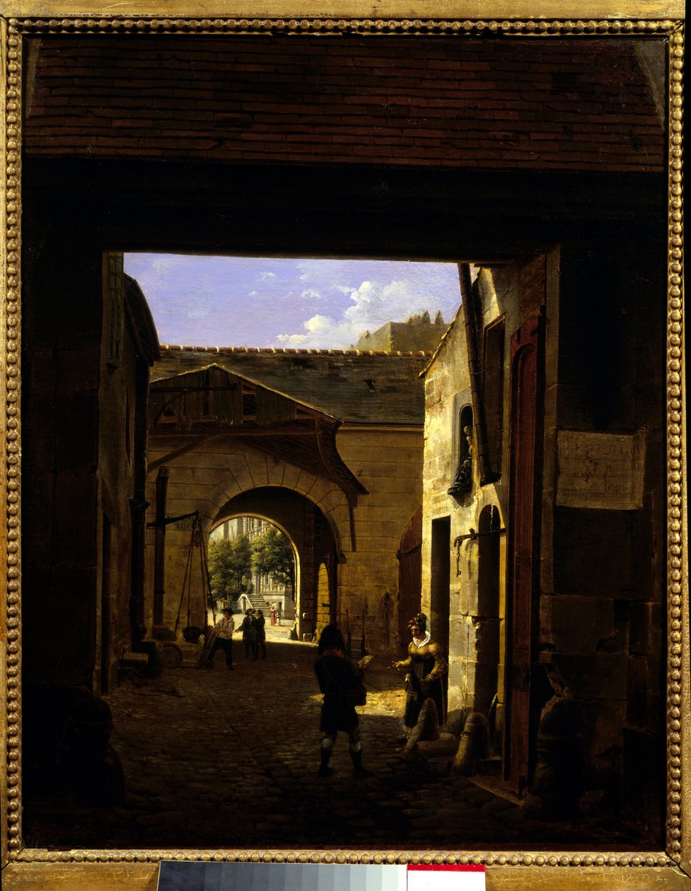 Ajotalon piha rue Saint Denisillä, joka tunnetaan sisäpihana Sainte Catherine Scene Pariisin 1. kaupunginosassa. Etienne Bouhotin (1780-1862) maalaus 1832 su. 0,27x0,22 m Pariisi, Musee Carnavalet. tekijältä Etienne Bouhot