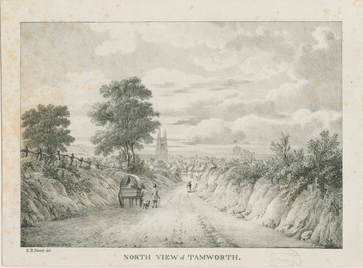 Tamworth - Kaukainen näkymä pohjoisesta: litografia, nd [1796-1865] tekijältä Etienne Bruno Hamel