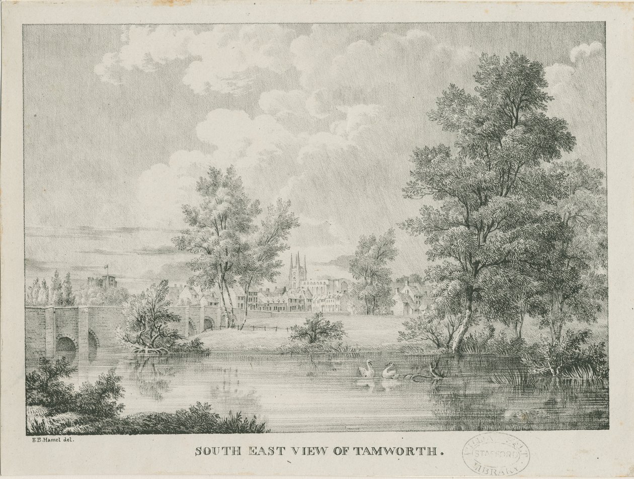 Tamworth - Kaukainen näkymä etelästä: litografia, nd [1796-1865] tekijältä Etienne Bruno Hamel