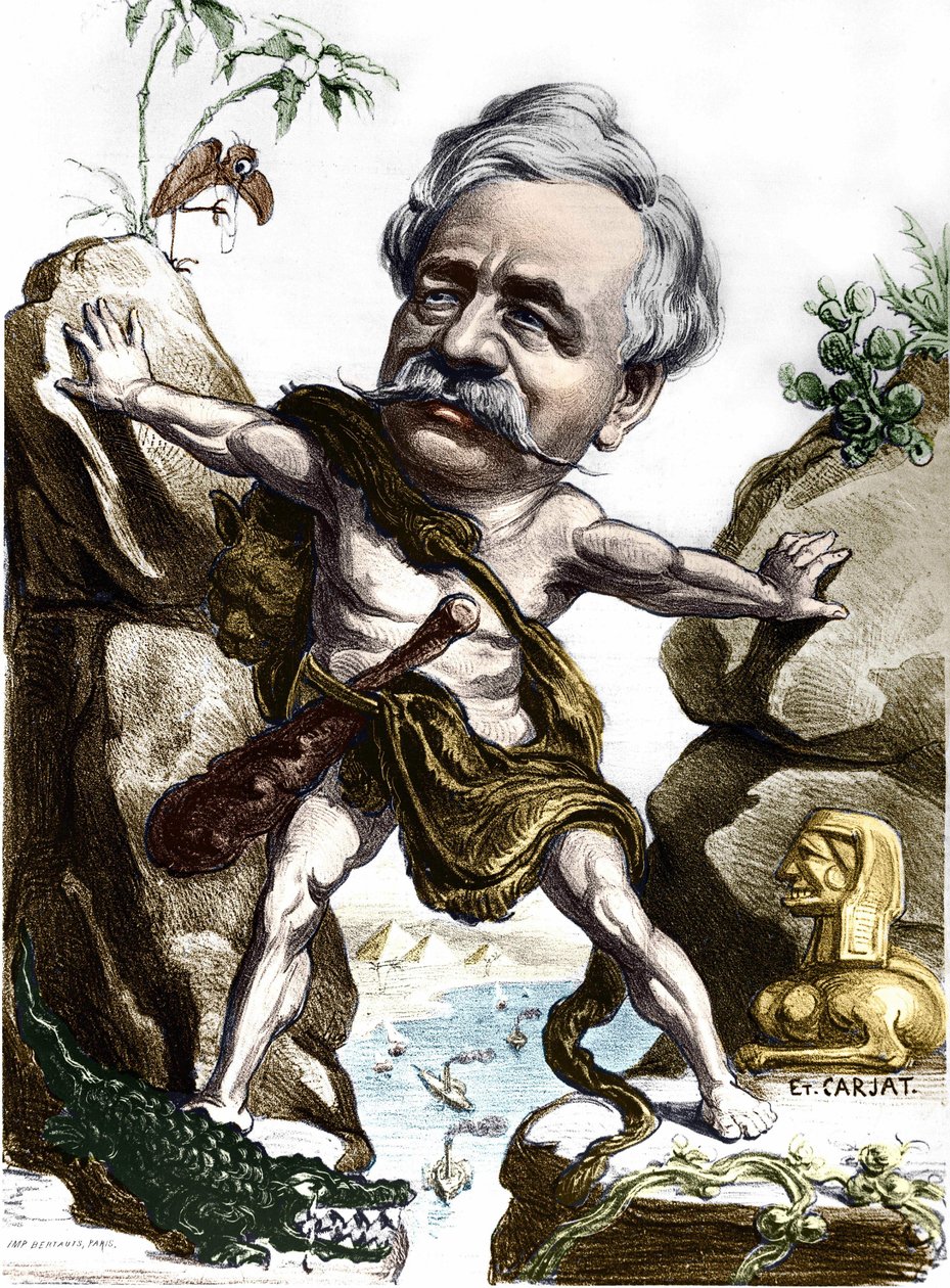 Ferdinand de Lesseps (1805-1894), ranskalainen diplomaatti ja Suezin kanavan ylläpitäjä. Carjat karikatyyri. tekijältä Etienne Carjat
