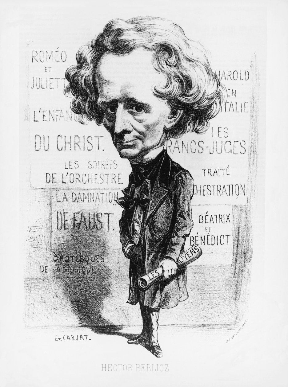 Ranska, Pariisi, Säveltäjä Hector Berliozin (1803 - 1869) karikatyyri. tekijältä Etienne Carjat