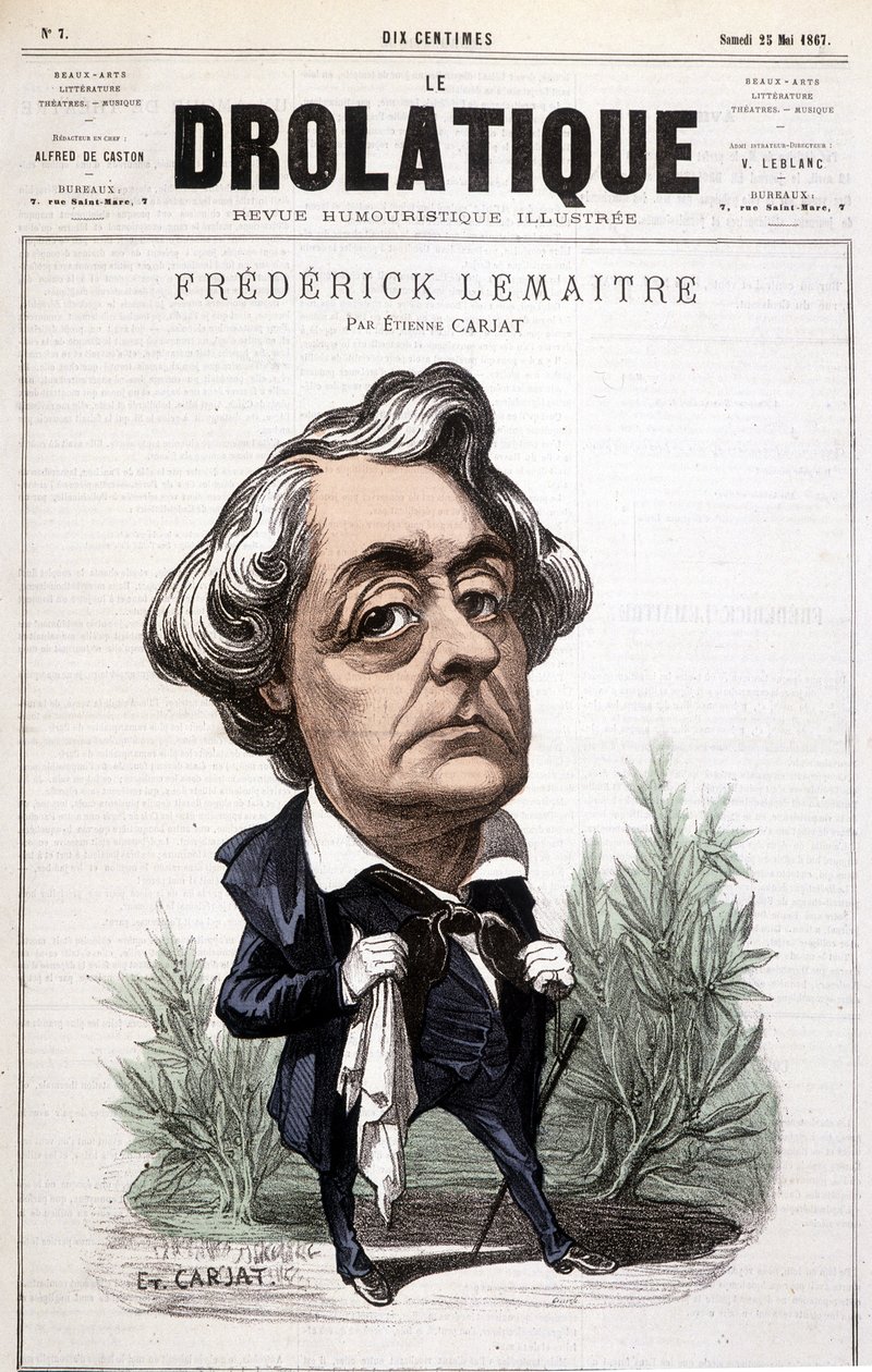 Drolatic, Fréderick Lemaitre (1800/1876), kuuluisa näyttelijä dramaattisista rooleistaan, lähellä Victor Hugoa. Karikatyyrisi, Carjat. tekijältä Etienne Carjat