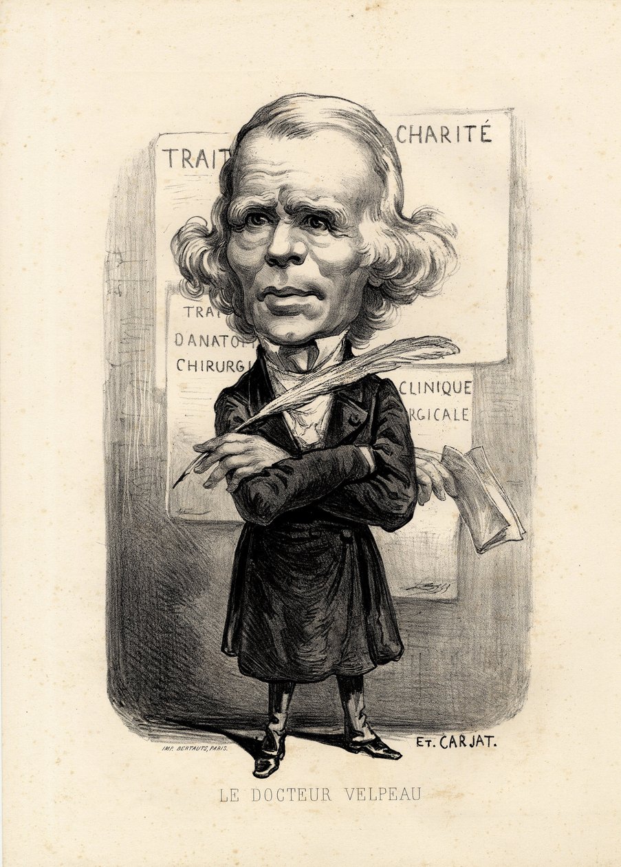 feuille volante - Kuvitus: Etienne Carjat (1826-1906): Lääketiede, lääketiede, sante, Charite, Anatomia, Julisteet - Kirurgi, Velpeau Alfred (1795-1867) tekijältä Etienne Carjat