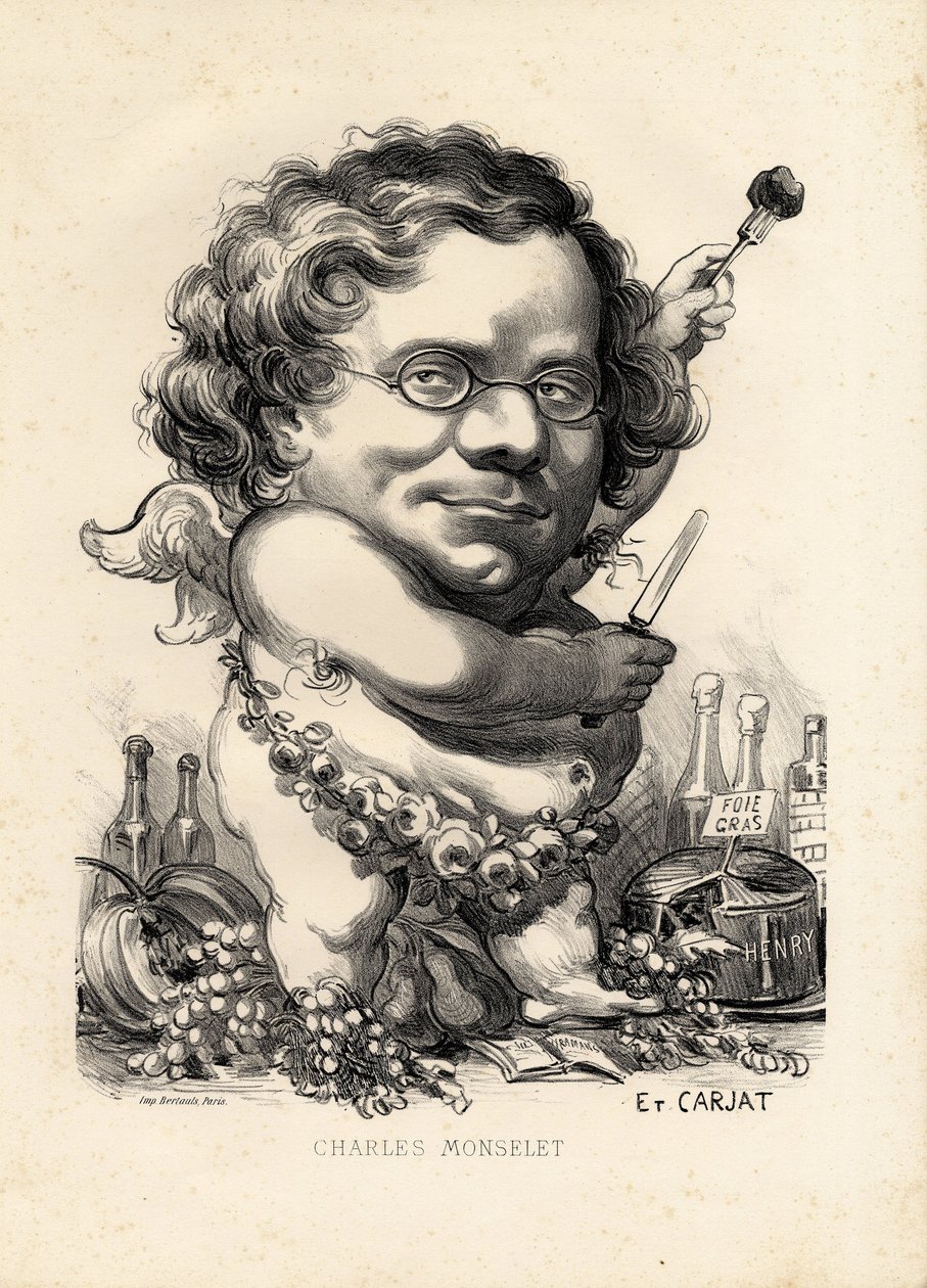lentävä lehti - Kuvitus: Etienne Carjat (1826-1906): Obeite, Foie gras - Monselet Charles (1825-1888) tekijältä Etienne Carjat