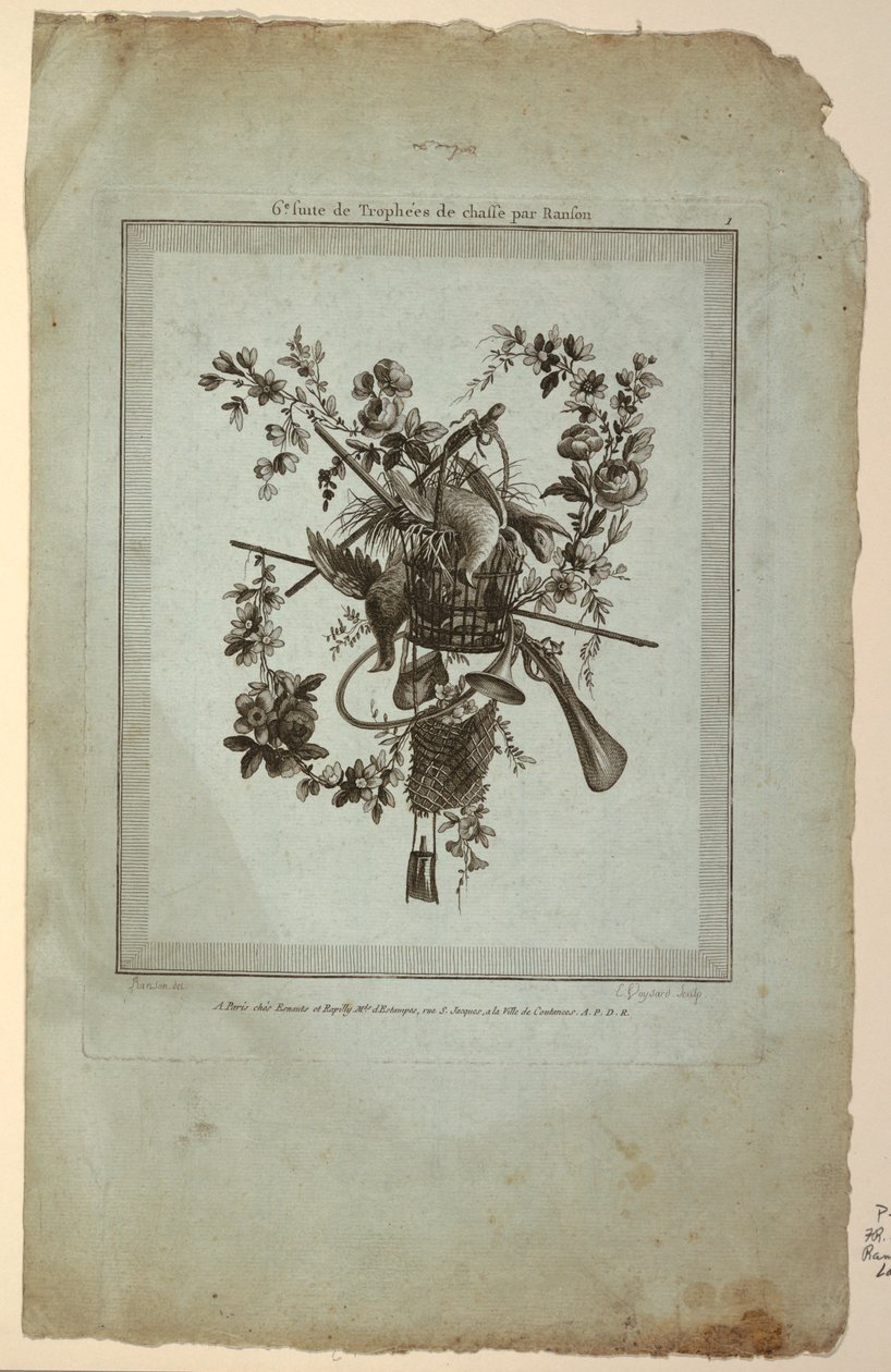 Pokaali metsästysvälineillä, levy 1, "Suite de Trophées de chasse", Suite VI tekijältä Etienne Claude Voysard