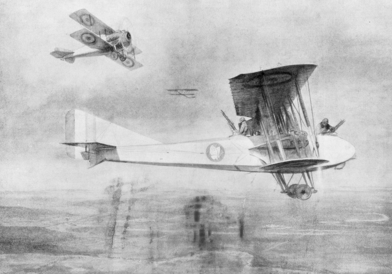 Kolmipaikkainen lentokone valokuvaustehtävässä, suojattu Spad-hävittäjäkoneella, 1918 1926. tekijältä Etienne Cournault