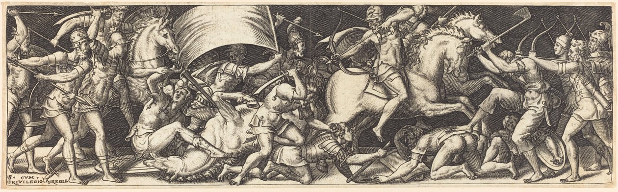 Ratsasmiesten ja jalkasotilaiden taistelu tekijältä Etienne Delaune