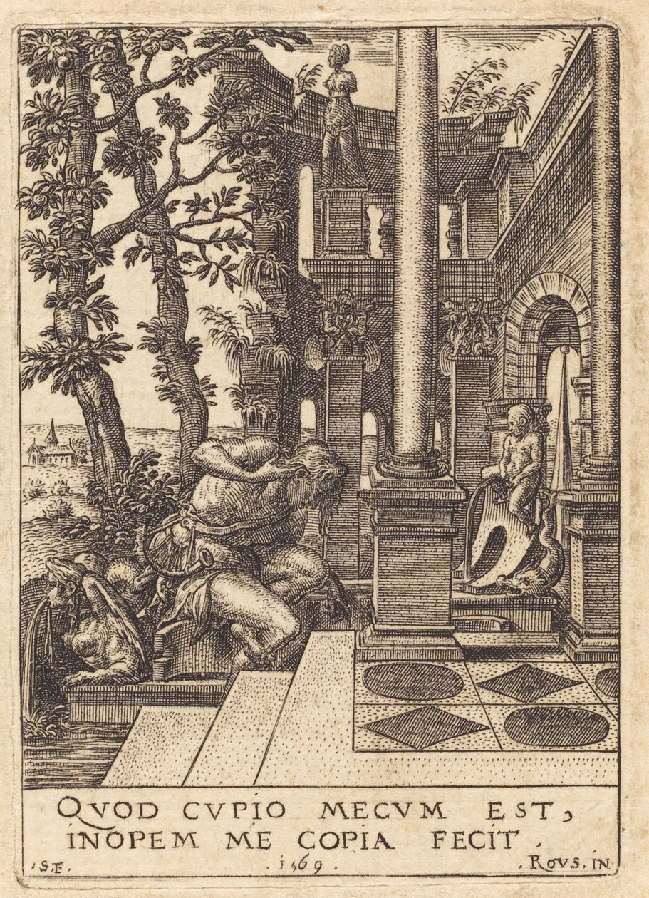 Narcissus suihkulähteellä tekijältä Etienne Delaune after Rosso Fiorentino