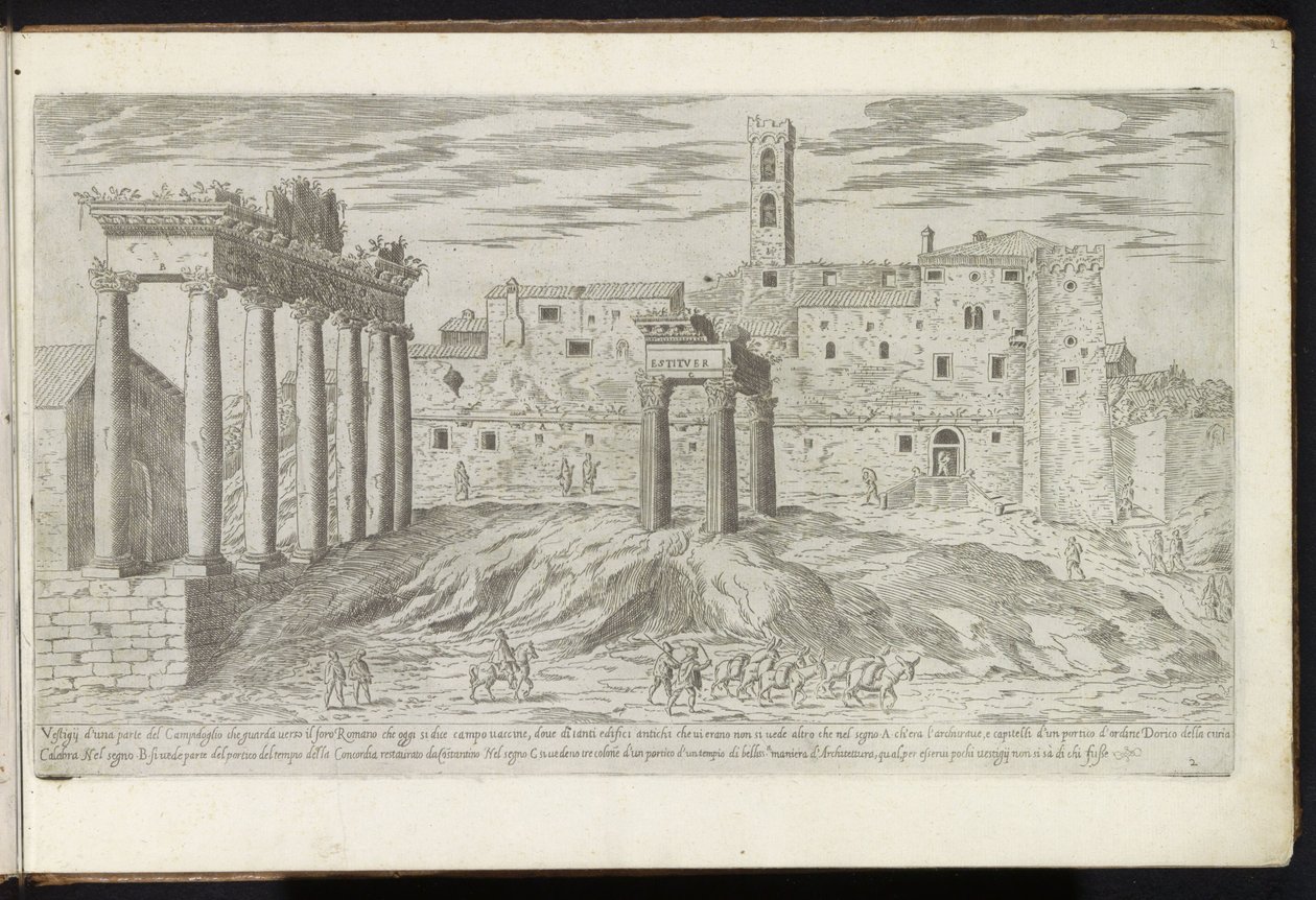Forum Romanum Roomassa Bouwwerken uit de oudheid (sarjan nimi) Muinaisen Rooman jäännökset keräsivät ja kuvasivat perspektiivissä Stefano Du Perac Parisino (sarjan nimi esineessä) tekijältä Etienne Duperac