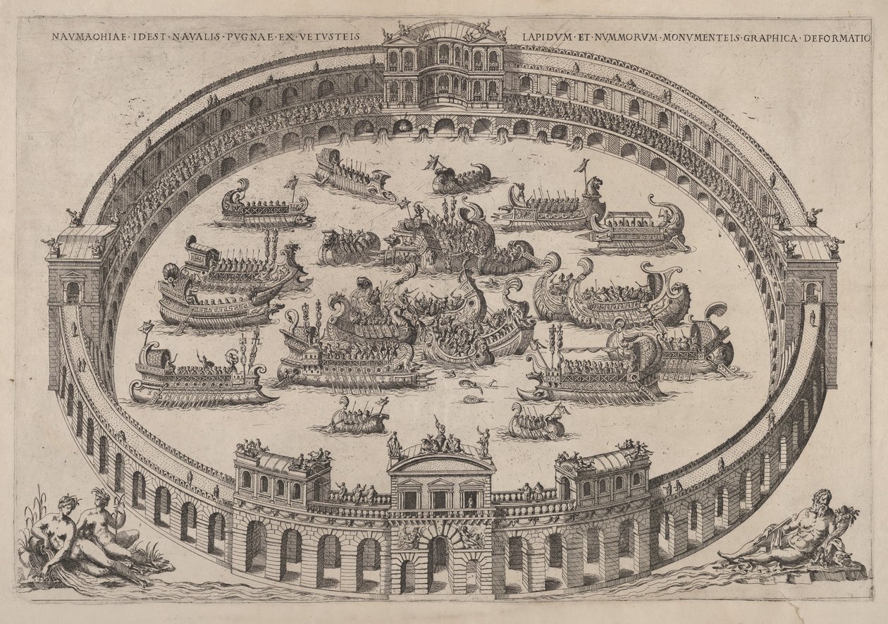 Laivaston taistelu sijoittuu roomalaiseen areenaan, Tiber-joki ja nymfit alhaalla vasemmalla..., 1577-85. tekijältä Etienne Duperac