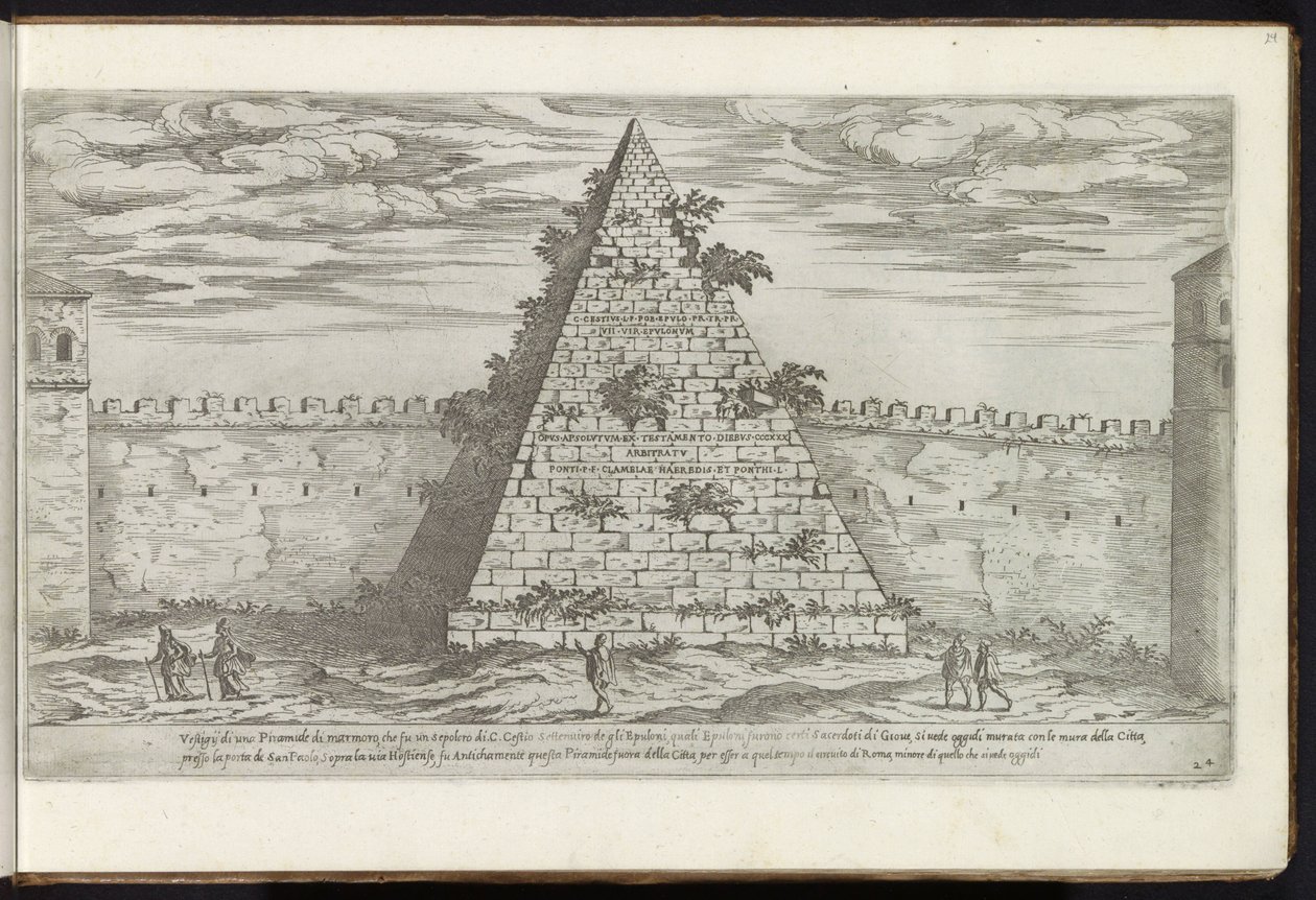 Cestiuksen pyramidi Roomassa Bouwwerken uit de oudheid (sarjan nimi) Muinaisen Rooman jäännökset keräsivät ja kuvasivat perspektiivissä Stefano Du Perac Parisino (sarjan nimi esineessä) tekijältä Etienne Duperac
