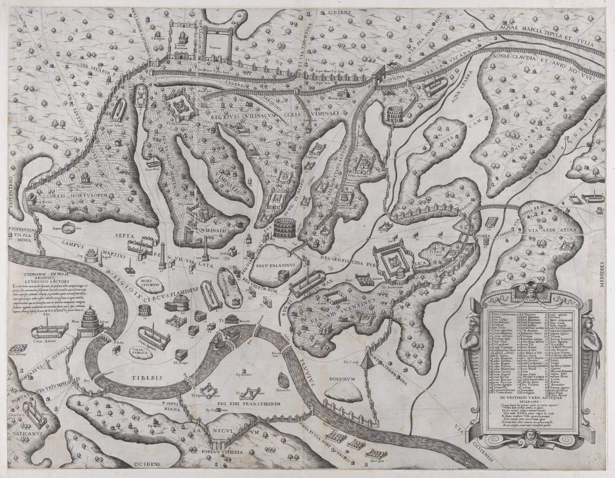 Rooman loiston peili: Muinainen Rooma ja sen kukkulat, lännestä, 1573, 1573. tekijältä Etienne Duperac