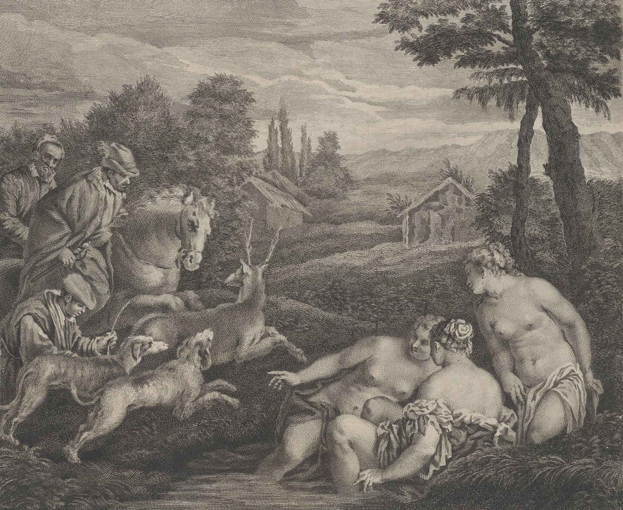 Diana ja Acteon muuttuivat polttareiksi, n. 1742. tekijältä Etienne Fessard