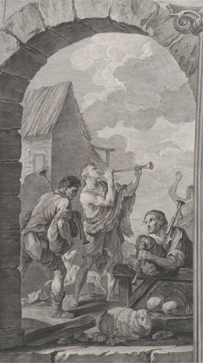Foundlings kappeli Pariisissa: Paimenten ryhmä: trumpetin soittajia ja m..., 1754. tekijältä Etienne Fessard