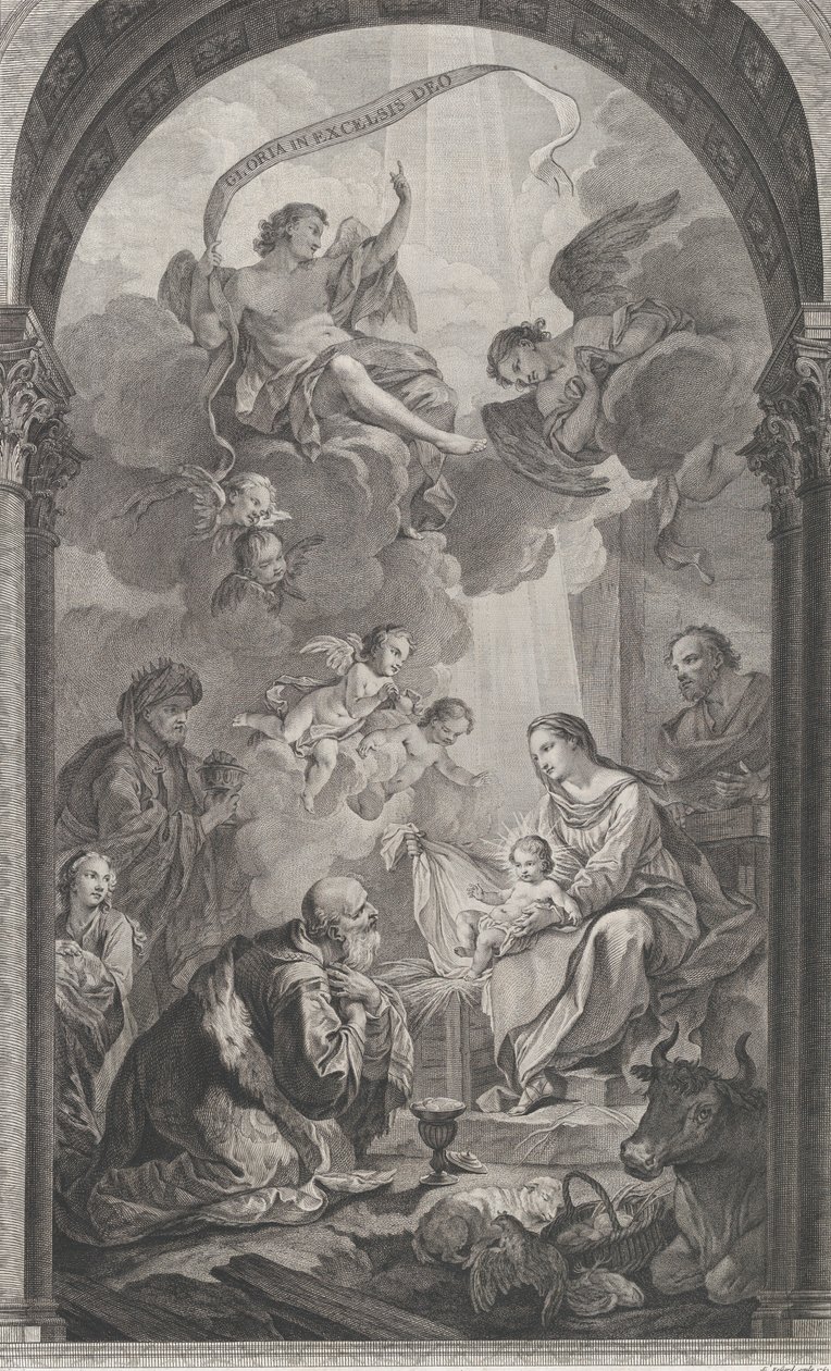 Foundlings kappeli Pariisissa: Magi Gaspard ja Melchior palvovat E..., 1752. tekijältä Etienne Fessard
