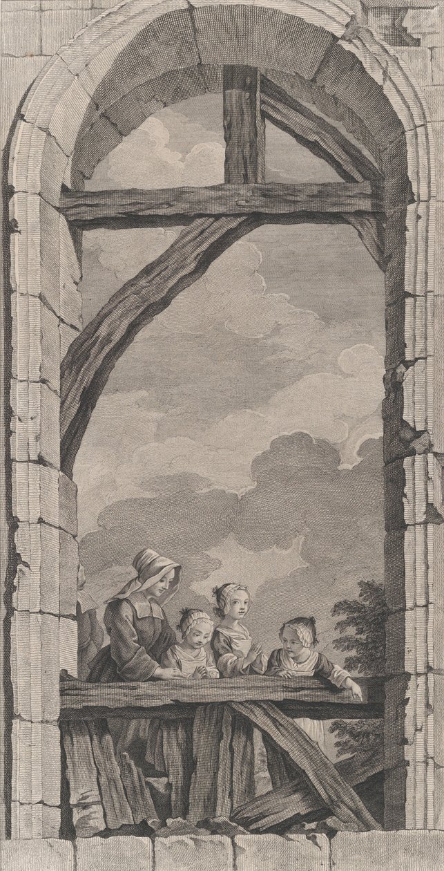 Foundlings kappeli Pariisissa: Nunna ja pienet tytöt katsomassa crec..., 1756. tekijältä Etienne Fessard