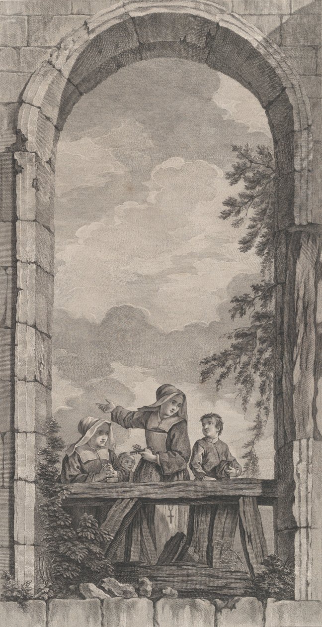 Foundlings kappeli Pariisissa: Nunnat ja pojat katselemassa syntymäpaikkaa,..., 1757. tekijältä Etienne Fessard