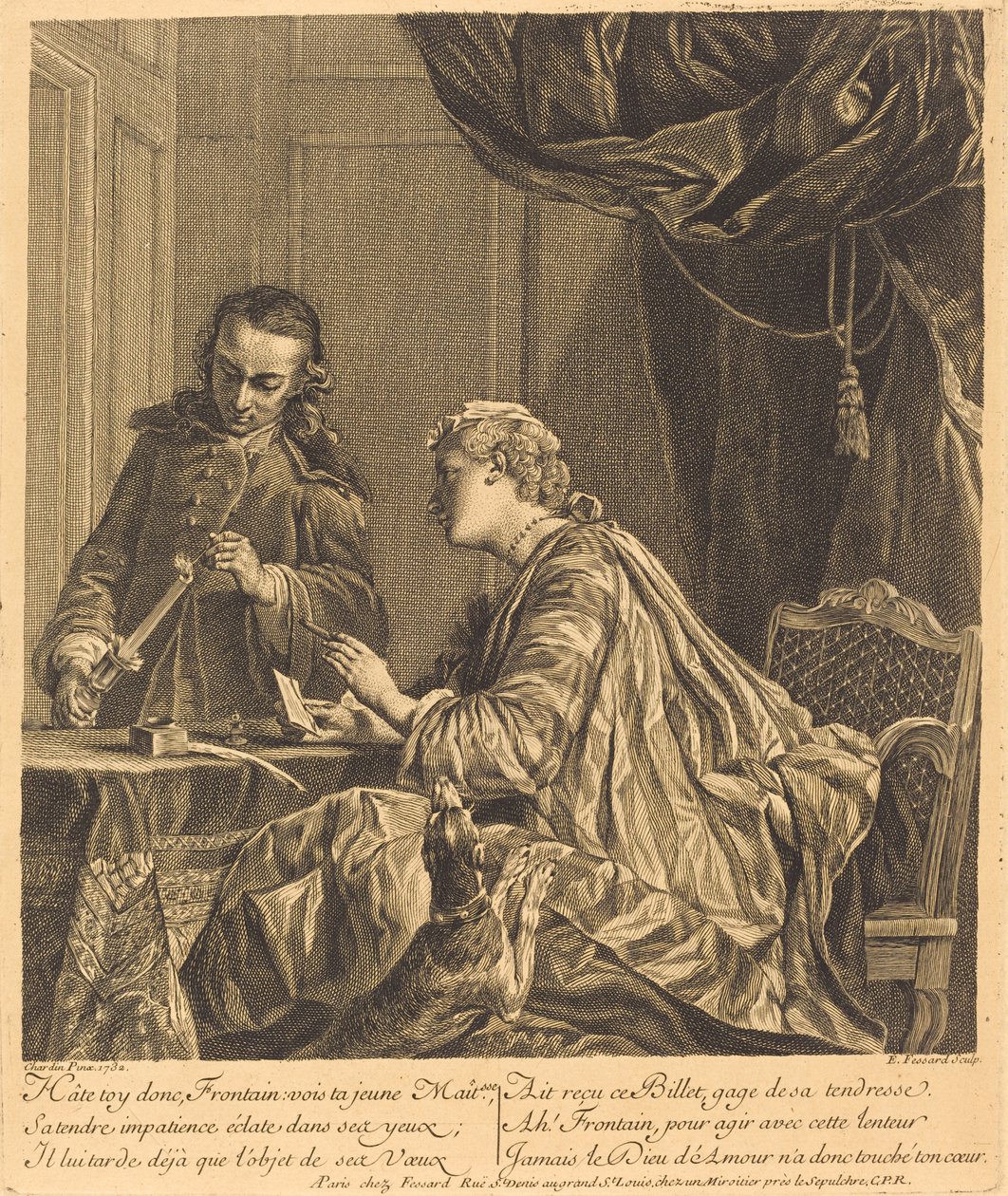 Nainen sinetöi kirjettä (nainen sinetöi kirjettä) tekijältä Etienne Fessard after Jean Siméon Chardin