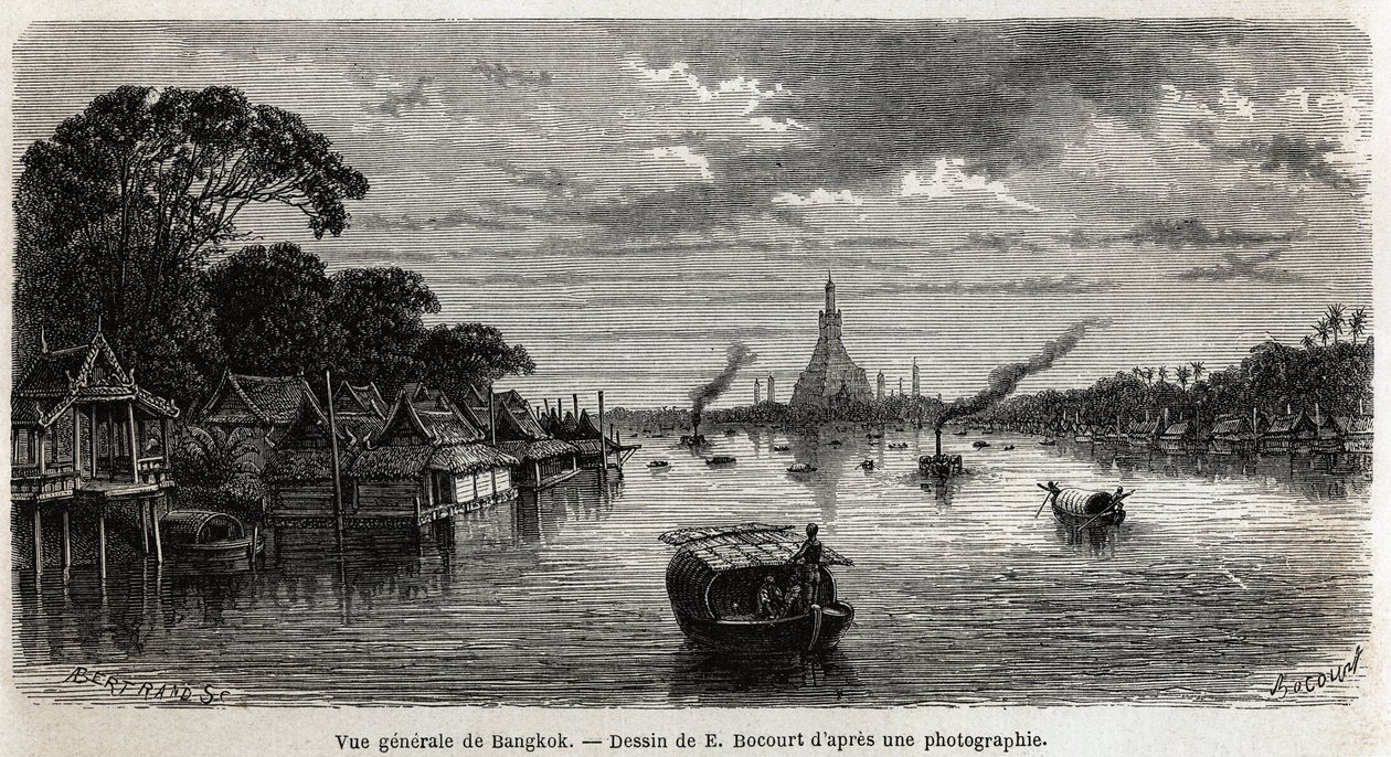 Yleiskuva Bangkokista (Thaimaa), piirustus E.Bocour, havainnollistamaan Henri Mouhotin matkaa Siamin, Kambodžan ja Laosin valtakuntiin vuosina 1858–1861. Kaiverrus kirjaan "" Le tour du monde", toimittanut Edouard Charton tekijältä Etienne Gabriel Bocourt