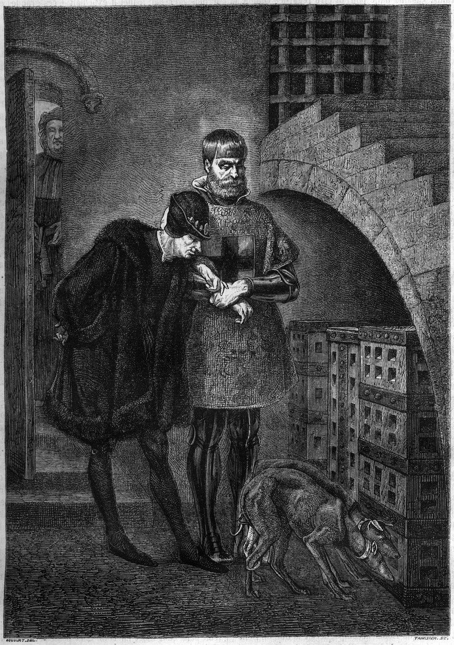 Ranskan kuningas Ludvig XI (1423-1483) vierailee vangin Jean de La Baluen (kardinaali Balue) (1421-1491) luona, sulkeutuu rautahäkkiin. Bocourin kaiverrus Geromen maalauksen jälkeen tekijältä Etienne Gabriel Bocourt