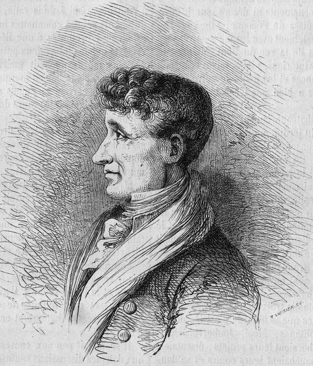 Ranskalaisen kirjailijan Joseph Joubertin (1754-1824) muotokuva. Bocourin kaiverrus "" Le Magasin viehättävässä"" tekijältä Etienne Gabriel Bocourt