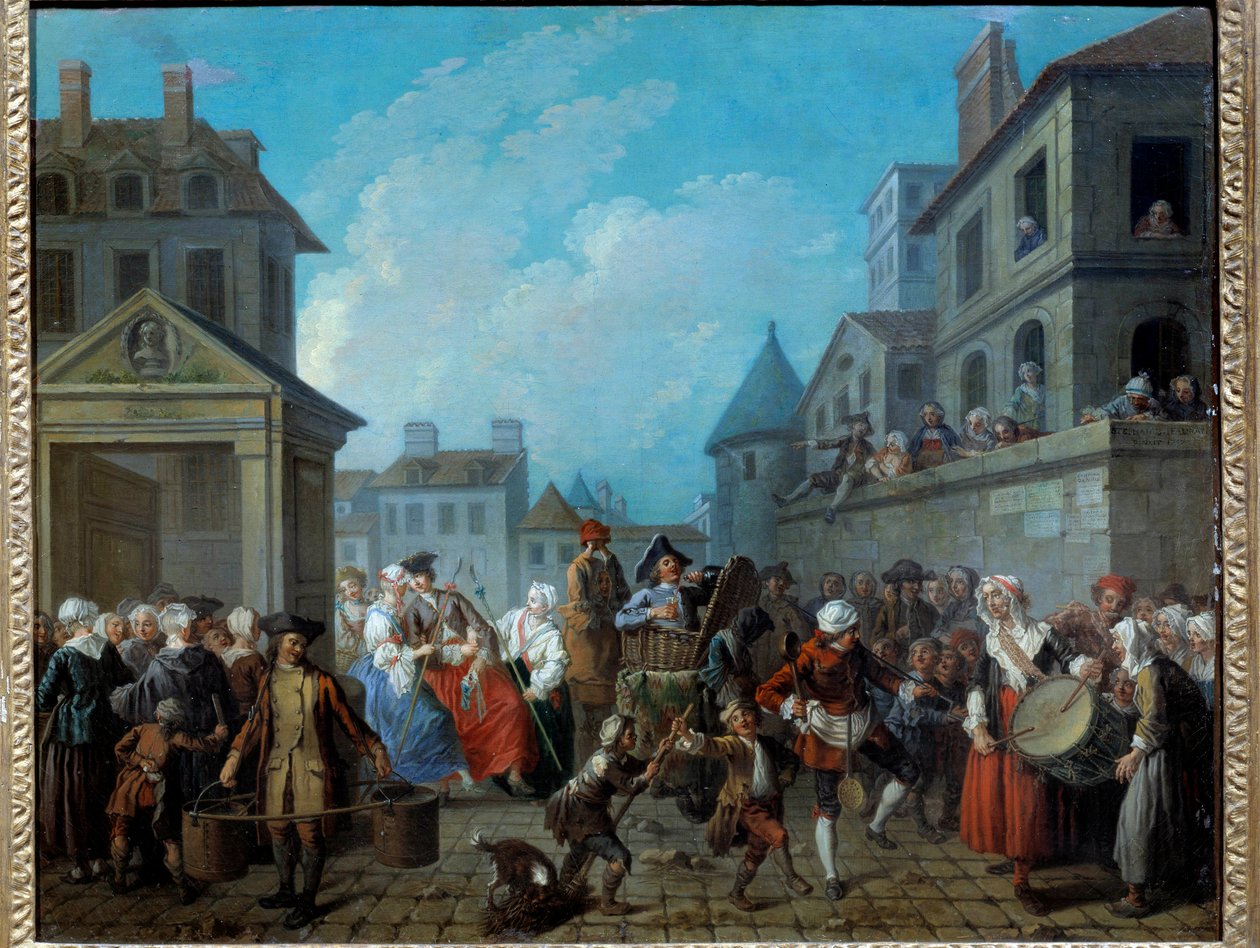 Karnevaali Pariisin kaduilla Etienne Jeauratin (1699-1789) maalaus 1757. Koko 0,65 x 0,82 m Pariisi, Musee Carnavalet tekijältä Étienne Jeaurat