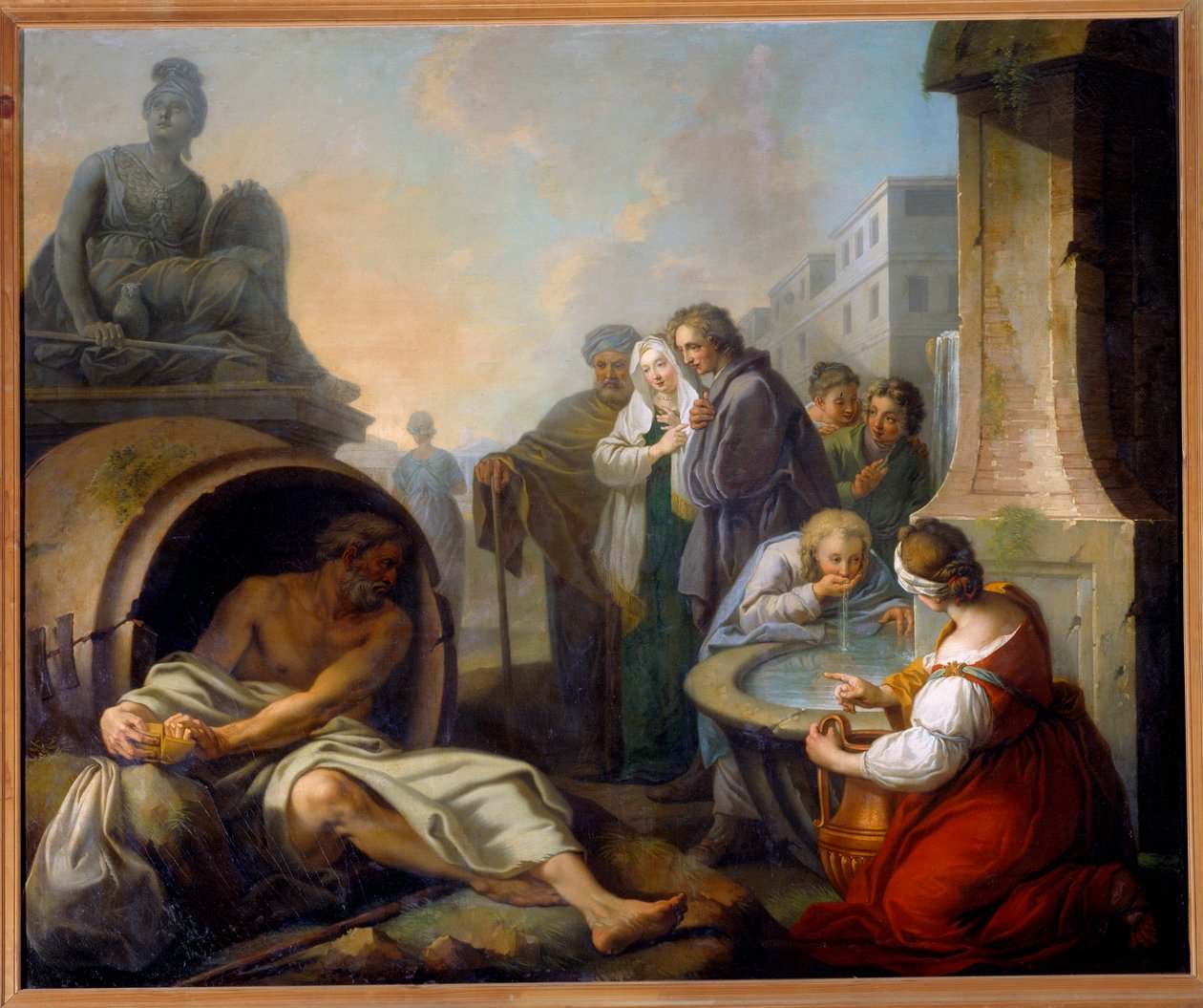 Diogene rikkoo ekulaarinsa Diogene of Sinope, nimeltään Kyynikko (413-327 eKr.), kreikkalainen filosofi, hylkää ekularin nähtyään lapsen juovan vettä käsissään suihkulähteellä. Etienne Jeauratin (1699-1789) maalaus 1700-luvun aurinko. 1,62 x 1,95 m Pariisi tekijältä Étienne Jeaurat