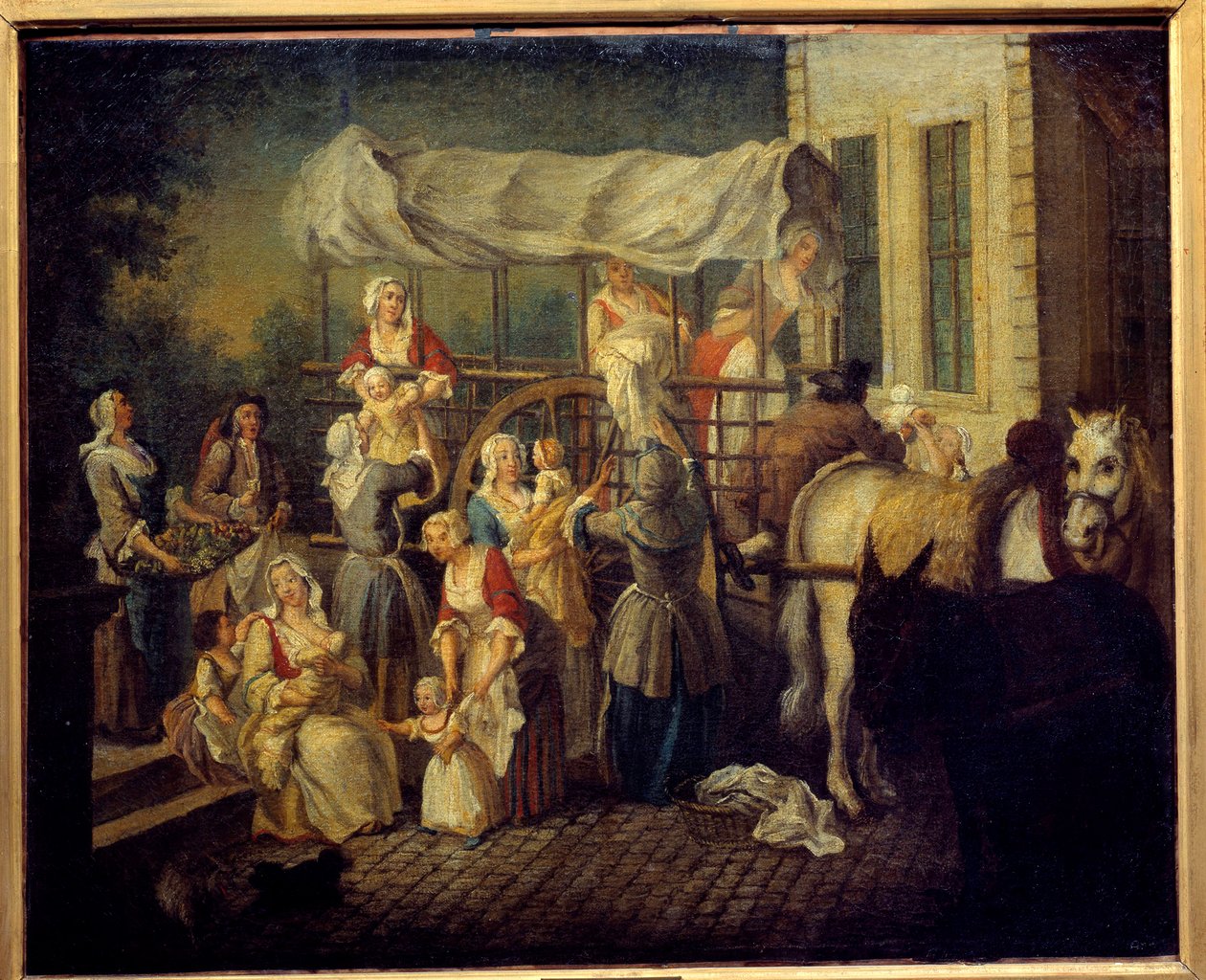 Hoitajien saapuminen Etienne Jeauratin (1699-1789) maalaus 1700-luvun Laon, kaupunginmuseo tekijältä Étienne Jeaurat