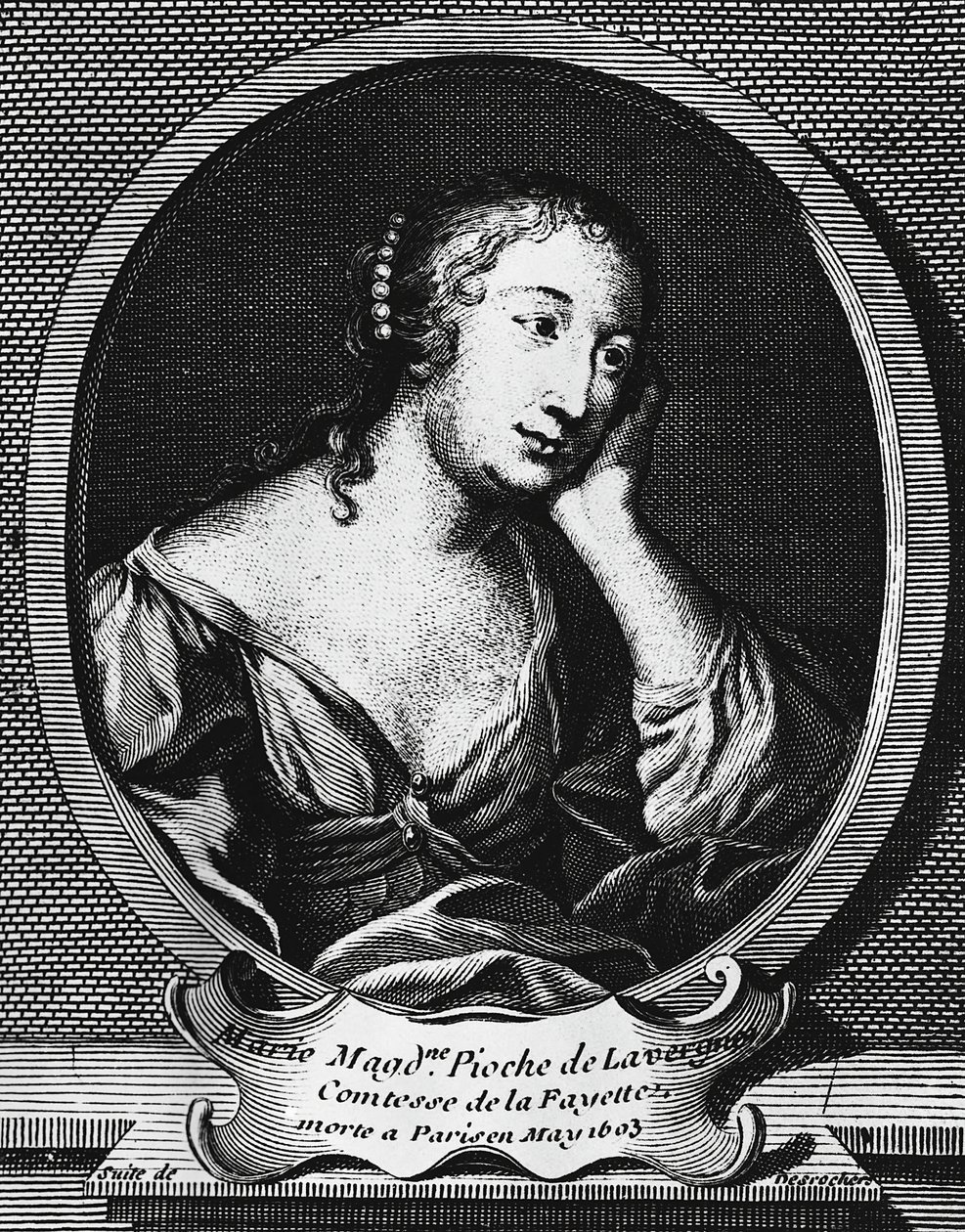 Medalion muotokuva Marie-Madeleine Pioche de La Vergnestä, Comtesse de La Fayette (1634-1693), ranskalaisesta kirjailijasta, kaiverrus Etienne Jehandier Desrochers (1668-1741) tekijältä Etienne Jehandier Desrochers