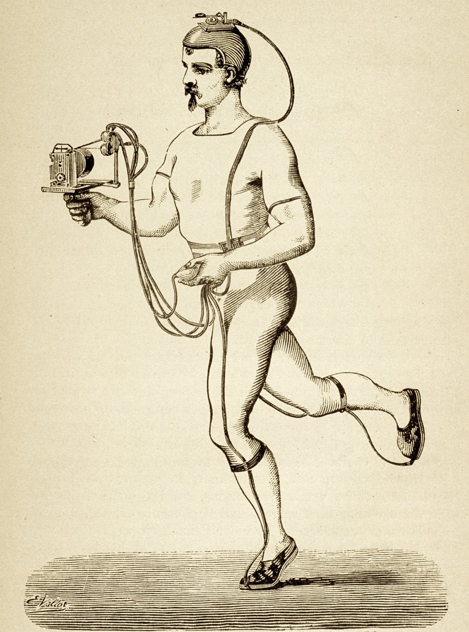 Juoksijalle toimitettu laite, jonka tarkoituksena oli rekisteröidä hänen eri tahtinsa, julkaisusta Popular Science Monthly, pub.1875 tekijältä Etienne Jules Marey