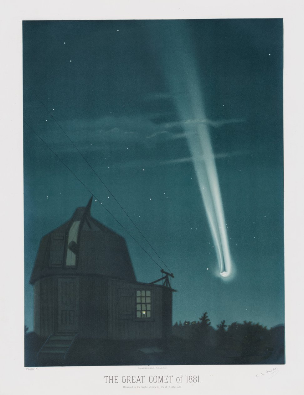 Vuoden 1881 suuri komeetta, havaittiin yönä 25.–26. kesäkuuta, klo 1.30, Trouvelot Astronomical Drawings 1881 -julkaisusta, pub. 1881 (värilitografia) tekijältä Étienne Léopold Trouvelot